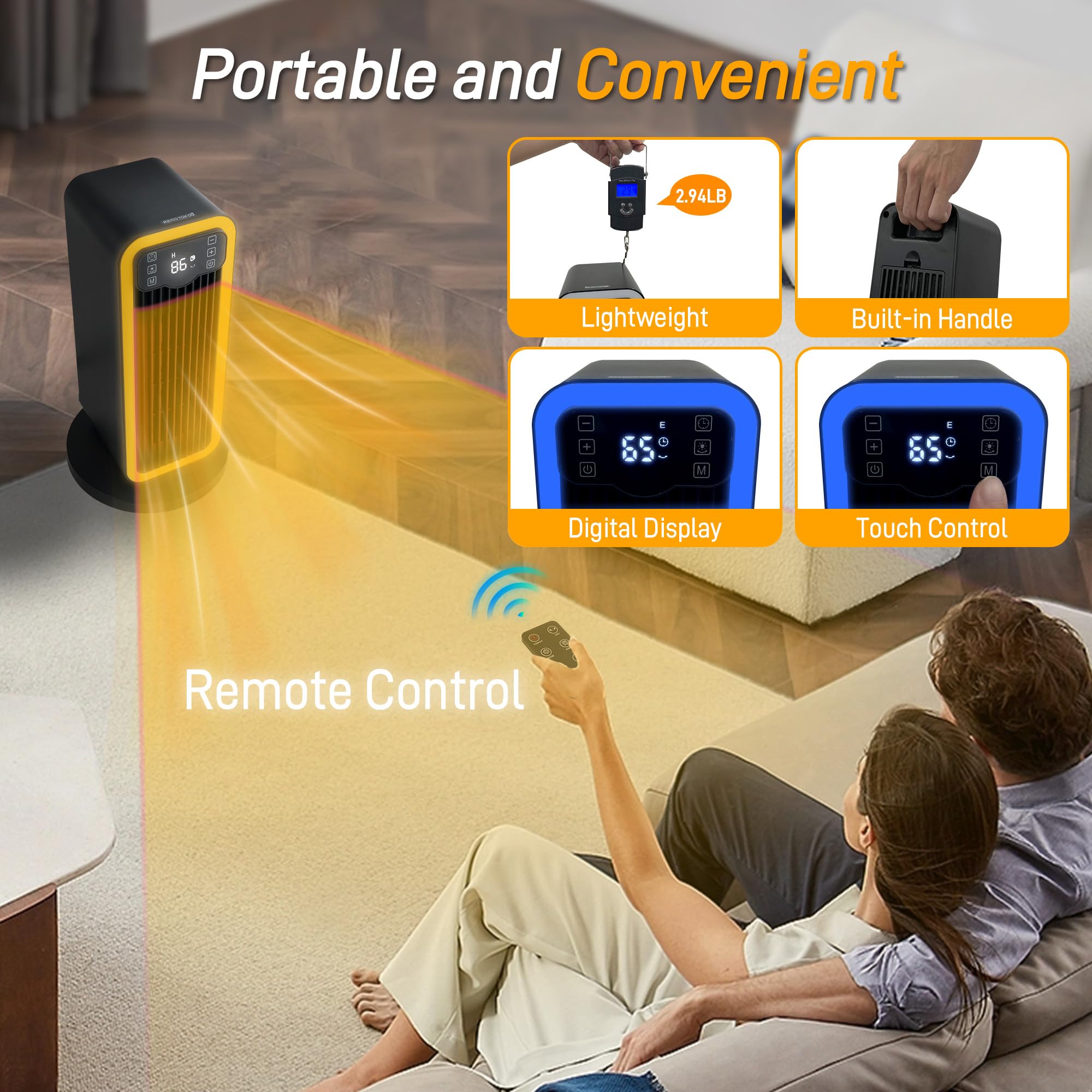 Portable Space Heater with Thermostat & Remote - 1500W Ceramic Electric Heater, 60° Oscillation, ECO Mode, 12H Timer - Quiet Indoor Heater for Bedroom, Office & Under Desk Use - Perfect for Winter Home & Workspace Heating (Black)