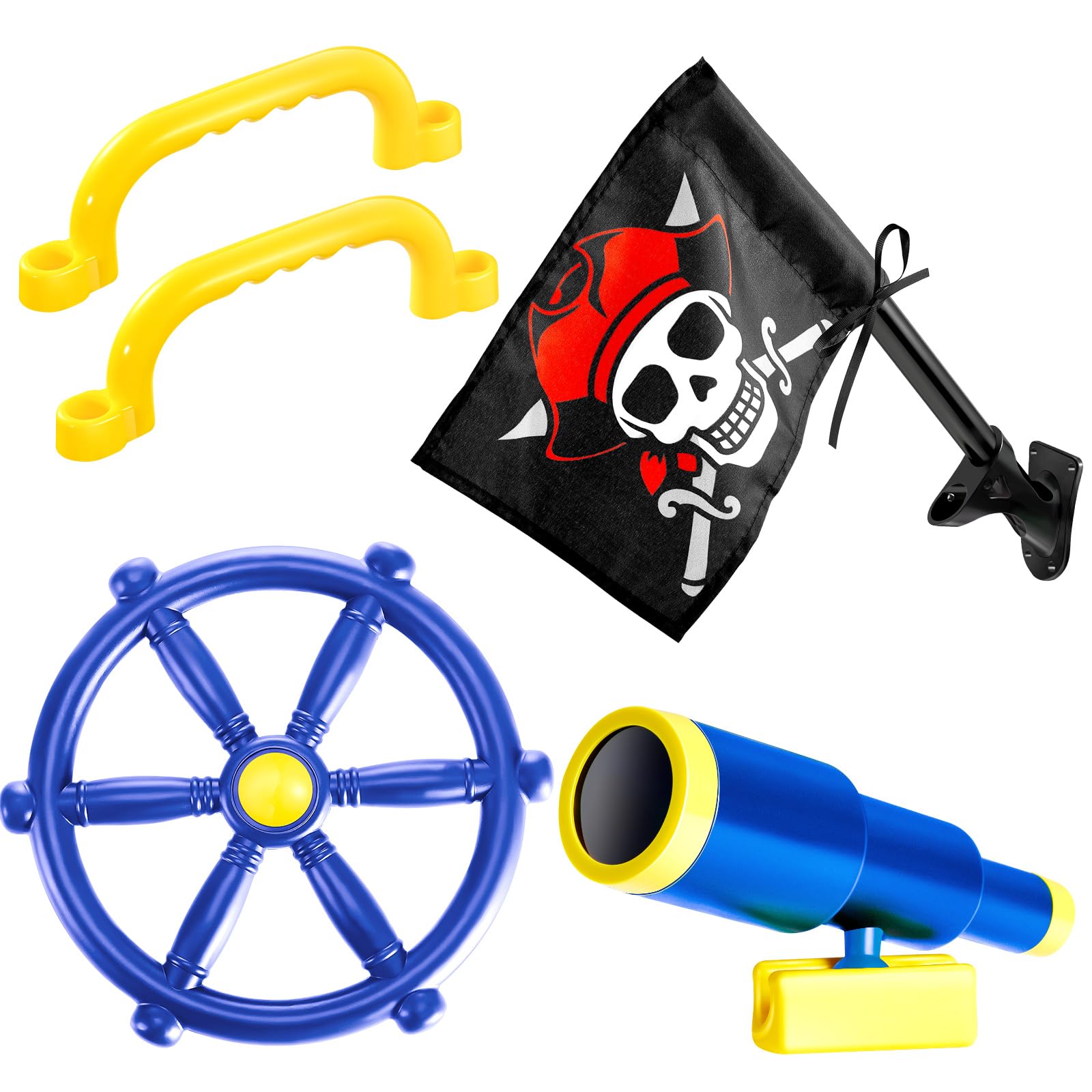 Junkin 5-Piece Pirate Playground Set - Plastic Steering Wheel, Telescope, Safety Handles & Flags for Outdoor Swing Set, Playhouse, Treehouse & Jungle Gym Accessories (Blue) - Perfect for Backyard Adventures & Kids' Imaginative Play