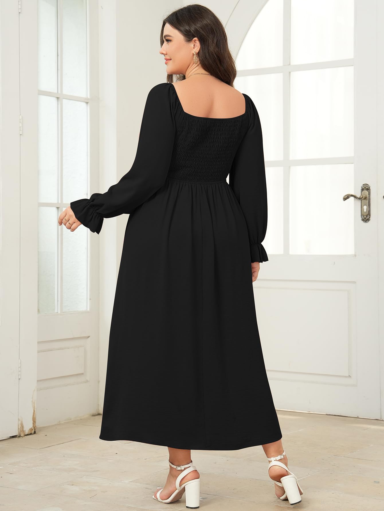 Plus Size Maxi Dress for Women - Long Sleeve Square Neck Smocked Flowy A-Line Boho Dress for Wedding, Party & Special Occasions | Elegant & Comfortable Maternity-Friendly Design