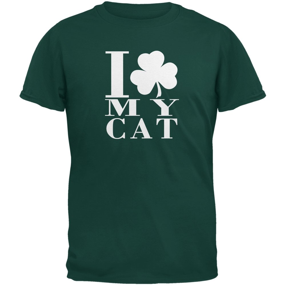 St. Patrick's Day Shamrock Love My Cat Forest Green Adult T-Shirt | Funny Irish Cat Lover Tee for Men & Women | Perfect for Pub Crawls, Parties & Festivals