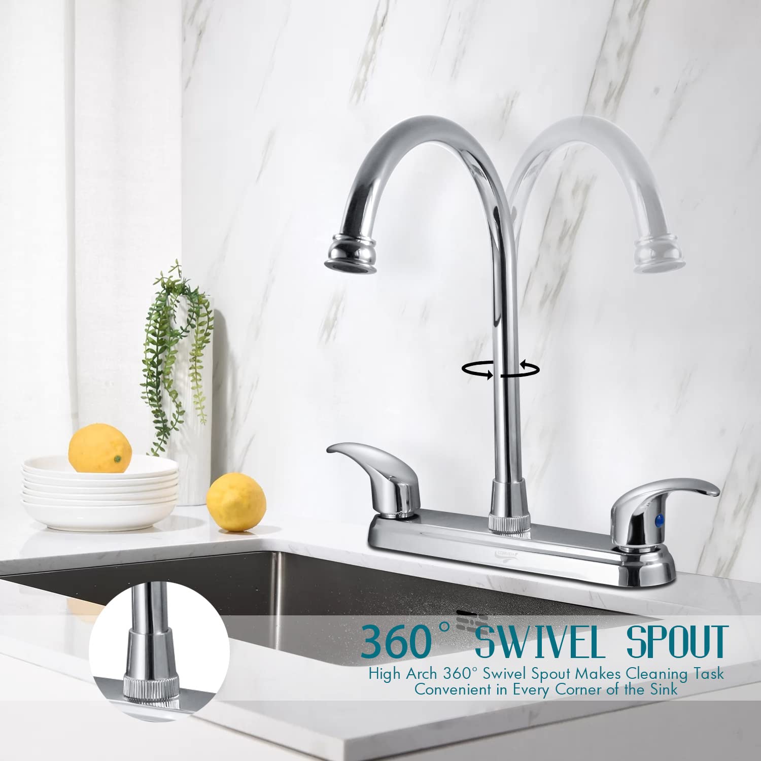 2 Handle High Arc Swivel Kitchen Faucet - Stainless Steel Commercial Sink Faucet with Solid Brass Construction - Modern Chrome Finish 3 Hole Mount (CV-80100) - Perfect for Restaurant, Home Kitchen & Bar Use
