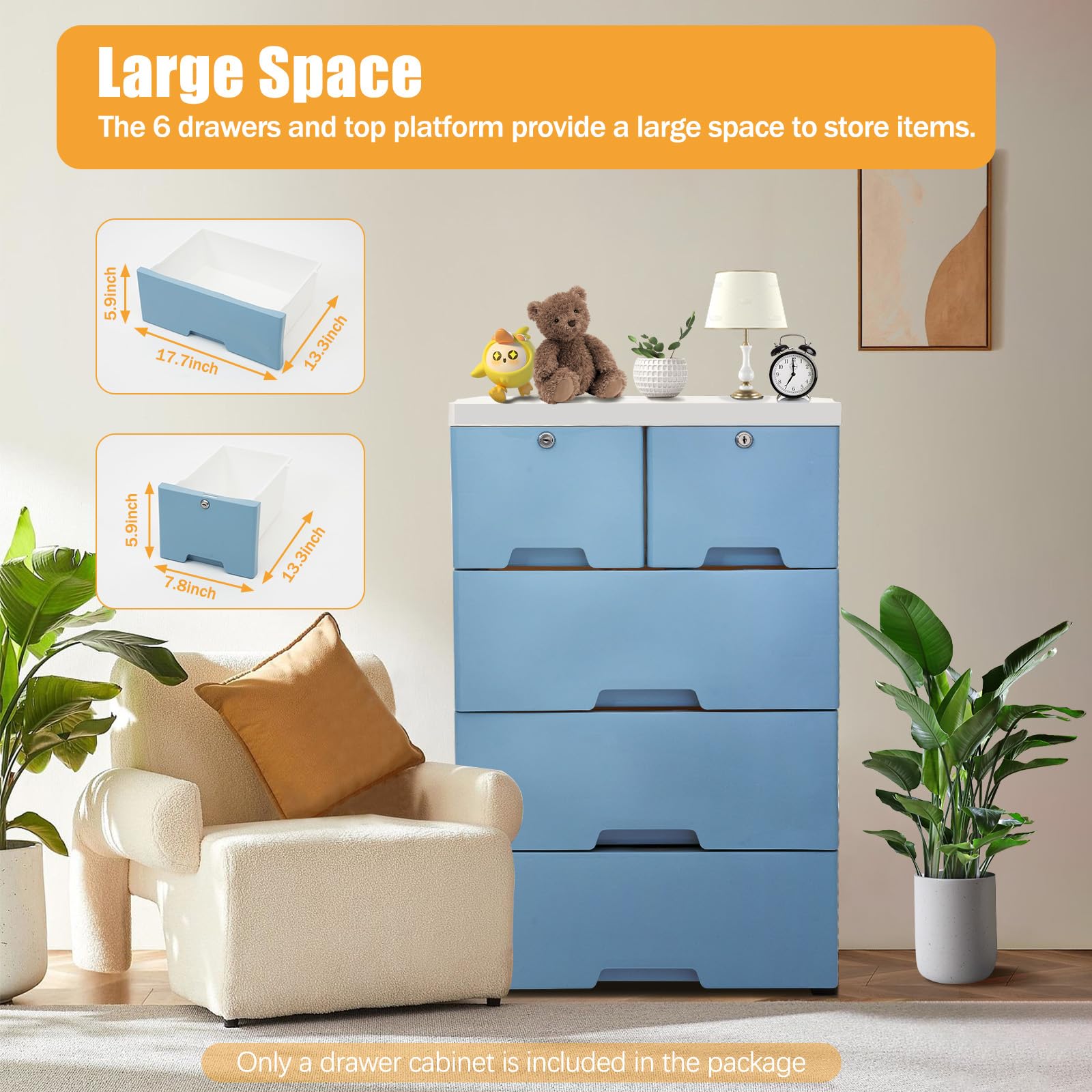 6-Drawer Plastic Storage Cabinet - Tall Vertical Dresser Organizer for Clothes, Toys & Bedroom | Space-Saving Closet & Playroom Furniture (Blue) - Perfect for Kids' Rooms, Dorm Organization & Small Space Storage Solutions