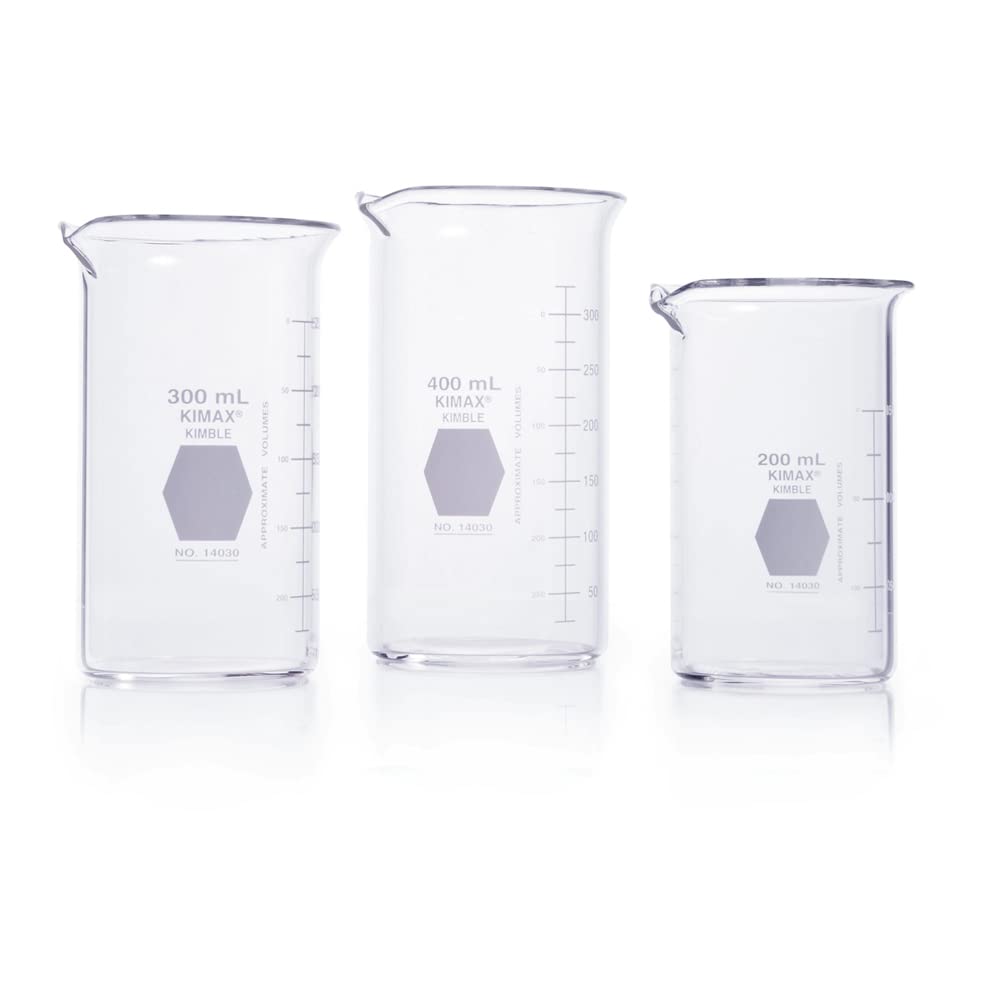 Kimble 14030-1000 1000mL Tall Form Berzelius Glass Beaker with Spout - 50-950mL Graduation, White (Pack of 6) - Ideal for Chemistry Labs, Science Experiments & Educational Use