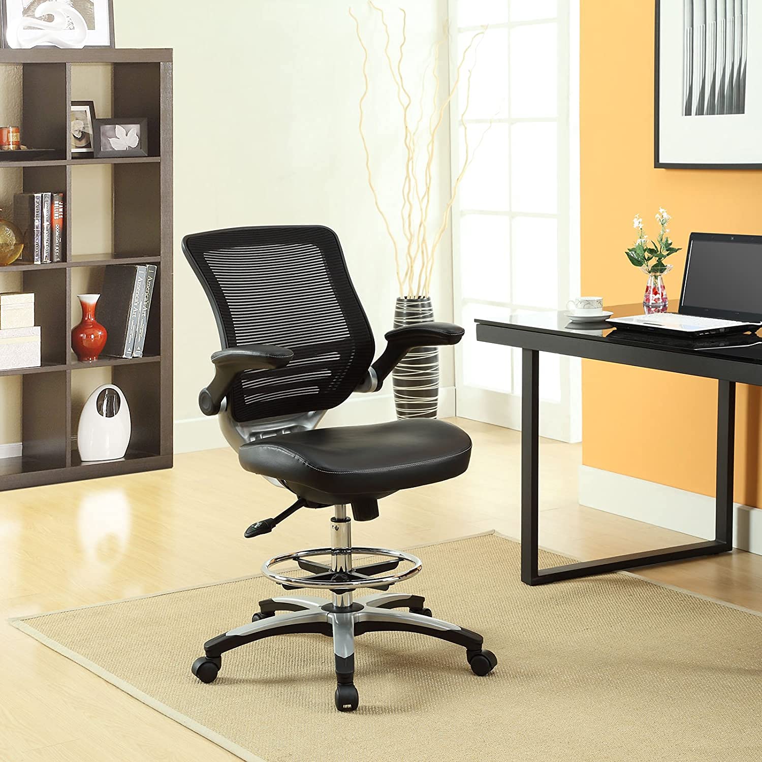 Modway Edge Drafting Chair - Adjustable Height Office Chair with Flip-Up Arms for Reception Desk, Drafting Table & Home Office - Ergonomic Black Task Chair for Professionals & Students