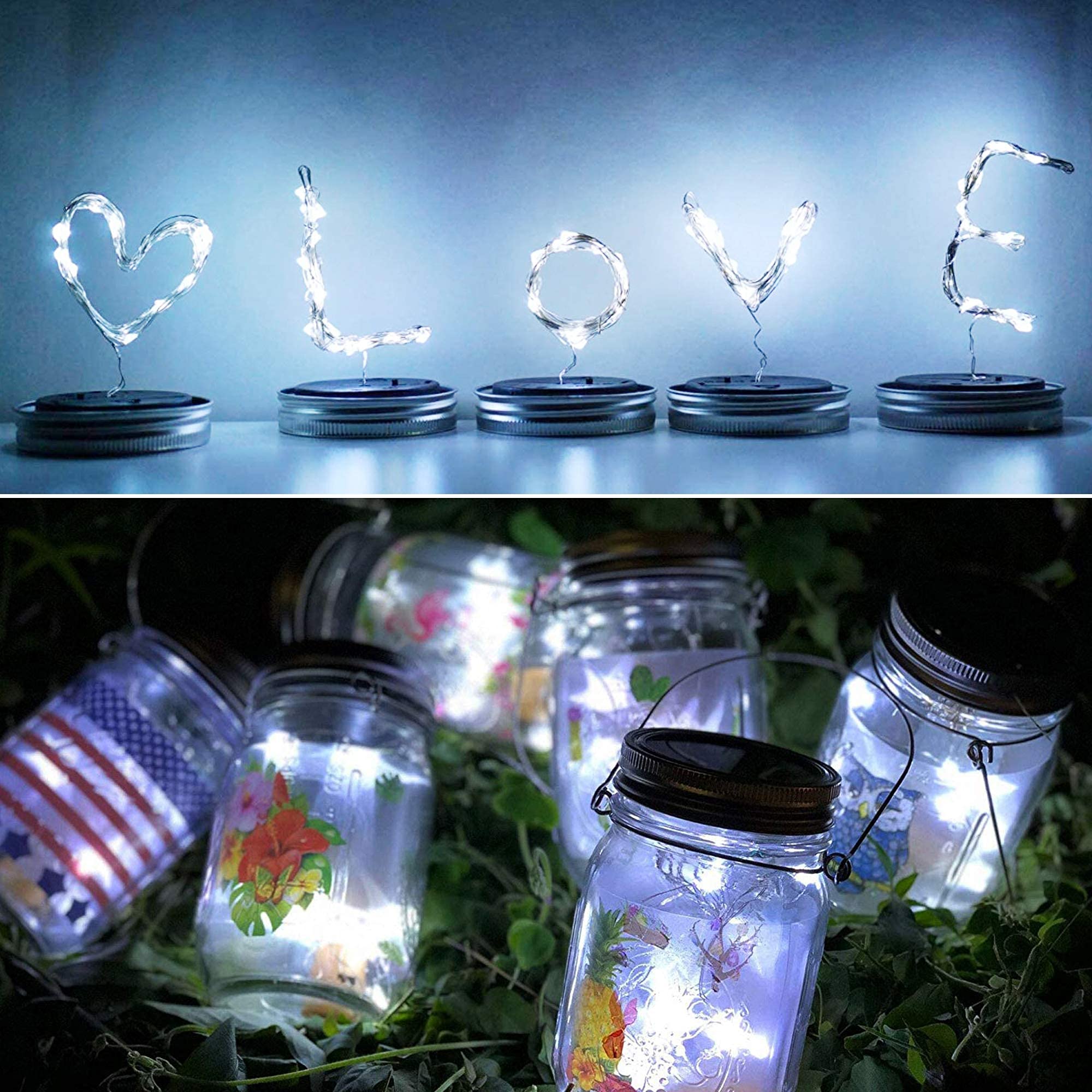 Upgraded Solar Mason Jar Lid Lights - 10 Pack 30 LED Fairy Star Firefly String Lights with Hangers | Waterproof Outdoor Decoration for Wedding, Patio, Garden Party, Camping & Backyard Decor (No Jars Included)