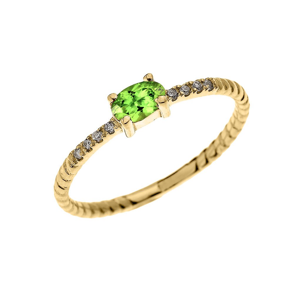 10K Yellow Gold Diamond & Oval Peridot Solitaire Rope Design Stackable Ring for Women - Elegant Proposal, Engagement, Wedding, Anniversary Gift - Perfect for Everyday Wear & Special Occasions