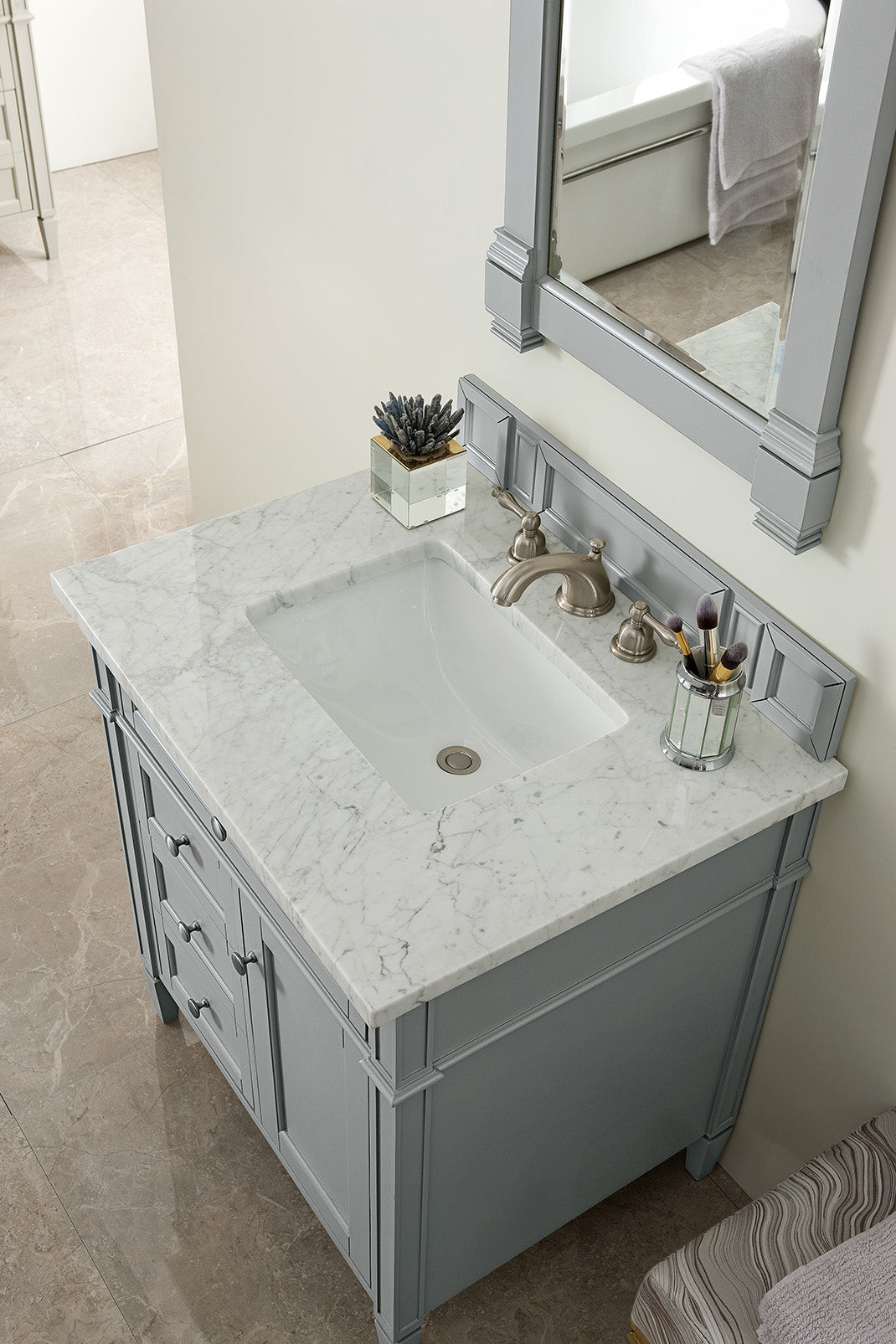 Brittany 30 Inch Single Bathroom Vanity with Carrara Marble Top in Urban Gray - Perfect for Modern Master Bathrooms & Powder Rooms