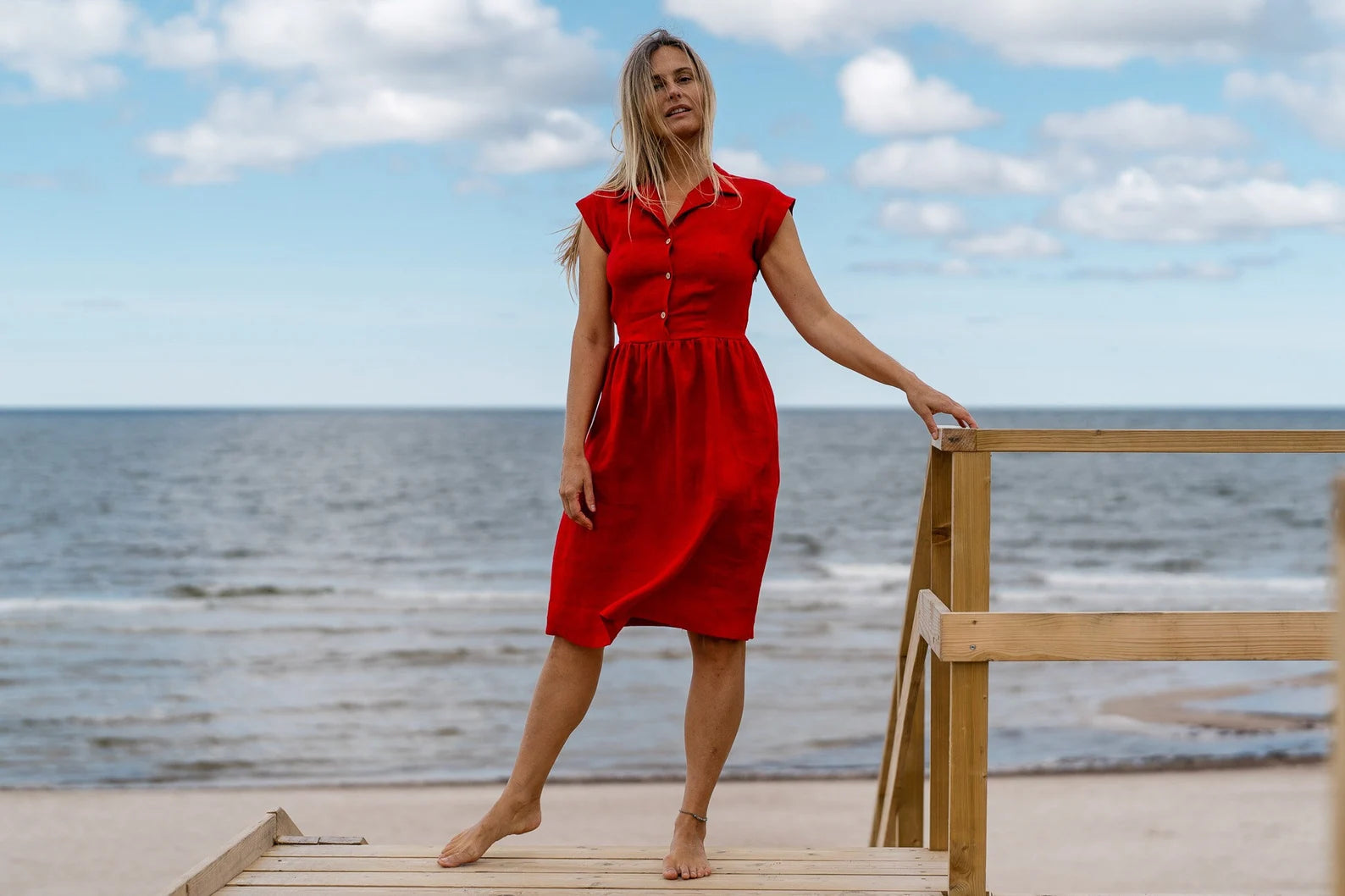 Elegant Red Fitted Linen Dress for Women - Cinderella Style Summer Dress for Casual Wear, Beach Outings, and Special Occasions