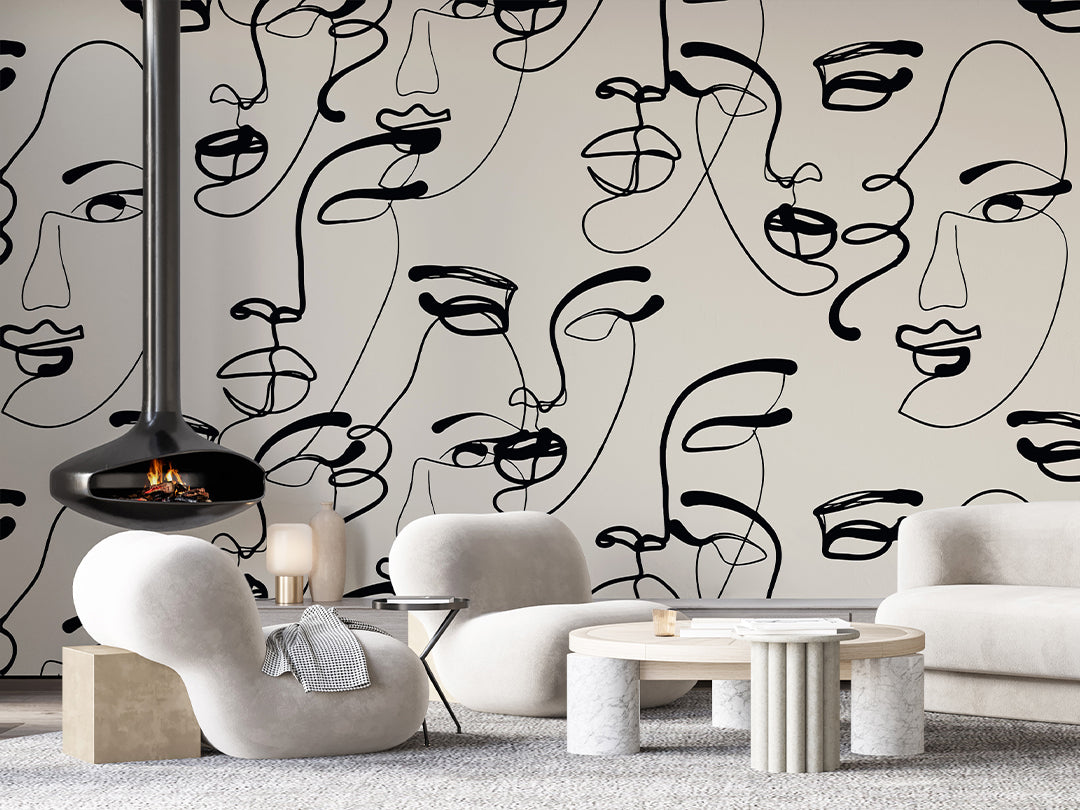Beige & Black Female Faces Wall Mural AM073 - Modern Abstract Art Wallpaper for Living Room, Bedroom & Office Decor