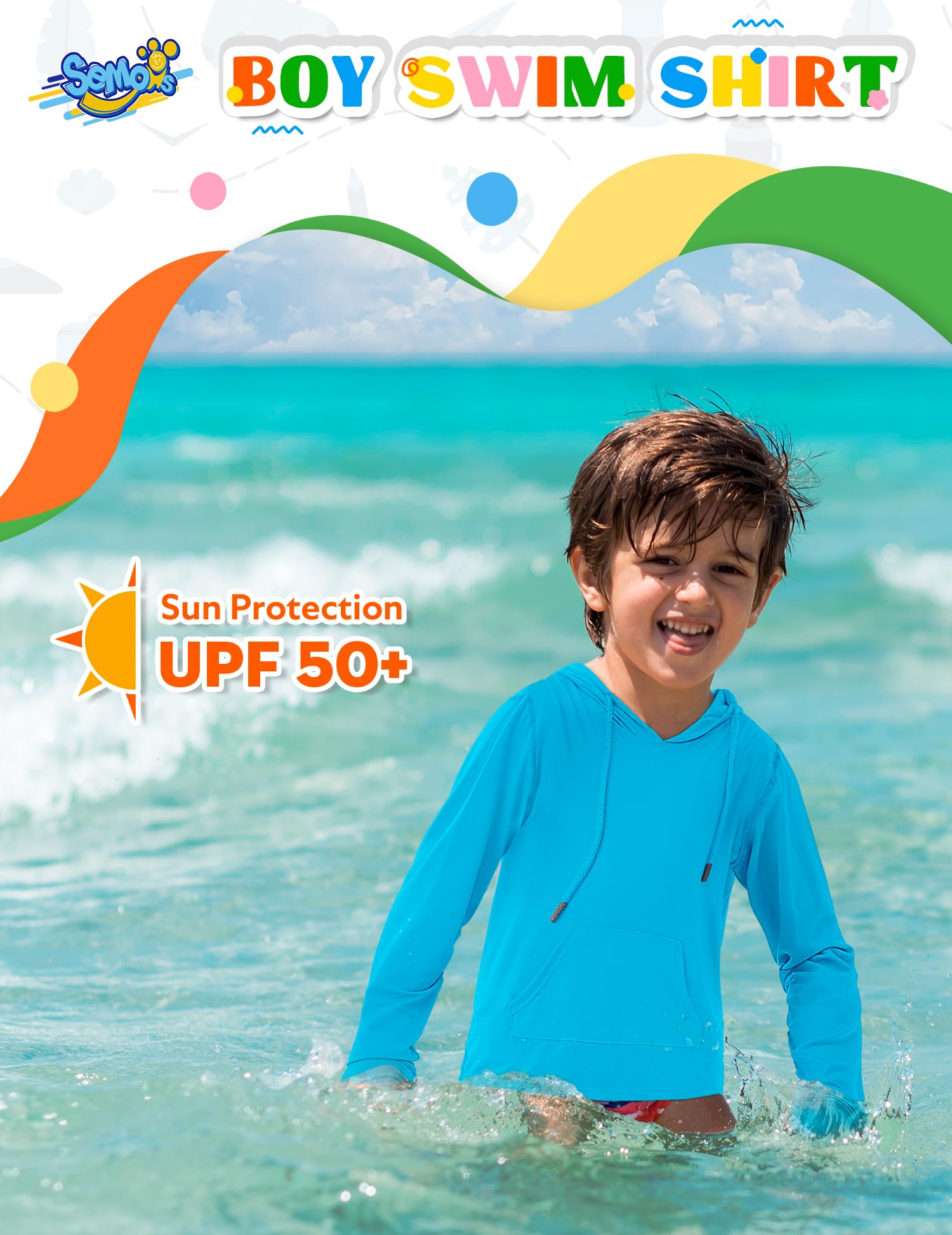 UPF 50+ Boys Rash Guard Swim Shirt - Long Sleeve Sun Protection Hoodie for Kids Fishing, Beach & Watersports with Pocket - Ideal for Swimming, Surfing and Outdoor Summer Activities