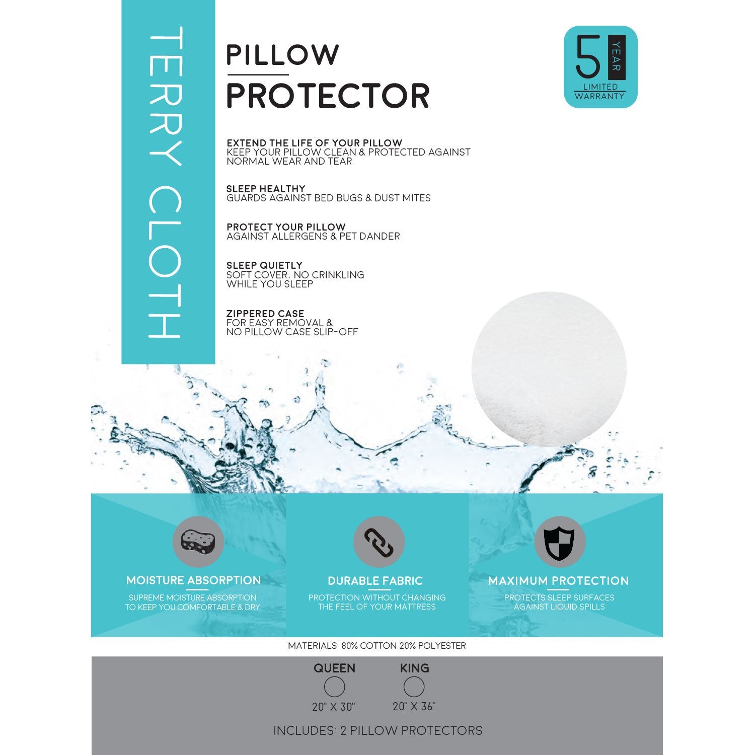 Soft Terry Cloth Pillow Protector - 100% Waterproof & Hypoallergenic Zippered Washable Cover for Bed, Couch & Travel - Queen Size Pillowcase Protector