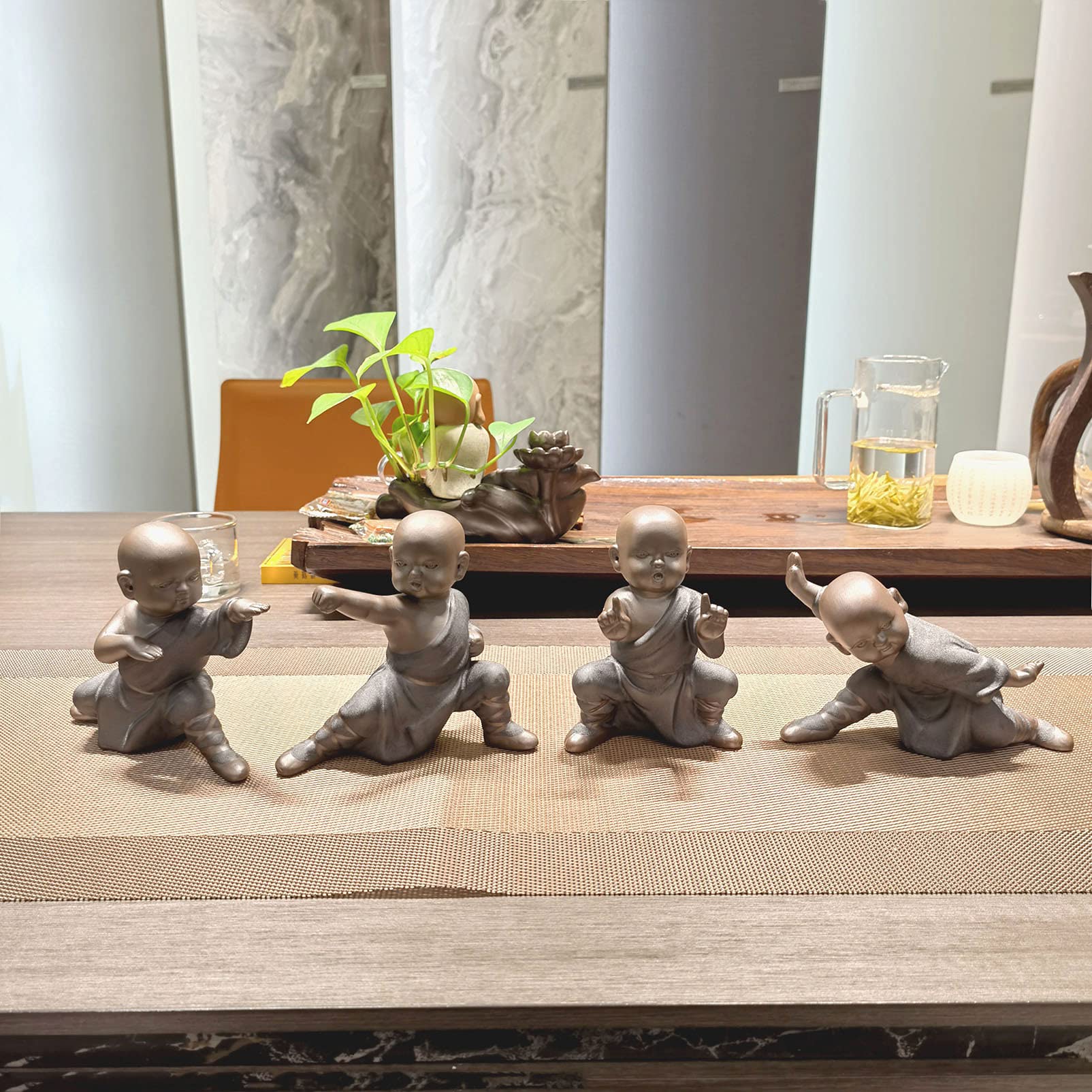 Set of 4 Black Ceramic Buddha Statues - Kung Fu Little Monk Figurines for Home Decor, Meditation Spaces & Gift Giving | Zen Decor, Tea Ceremony Accessories & Spiritual Display