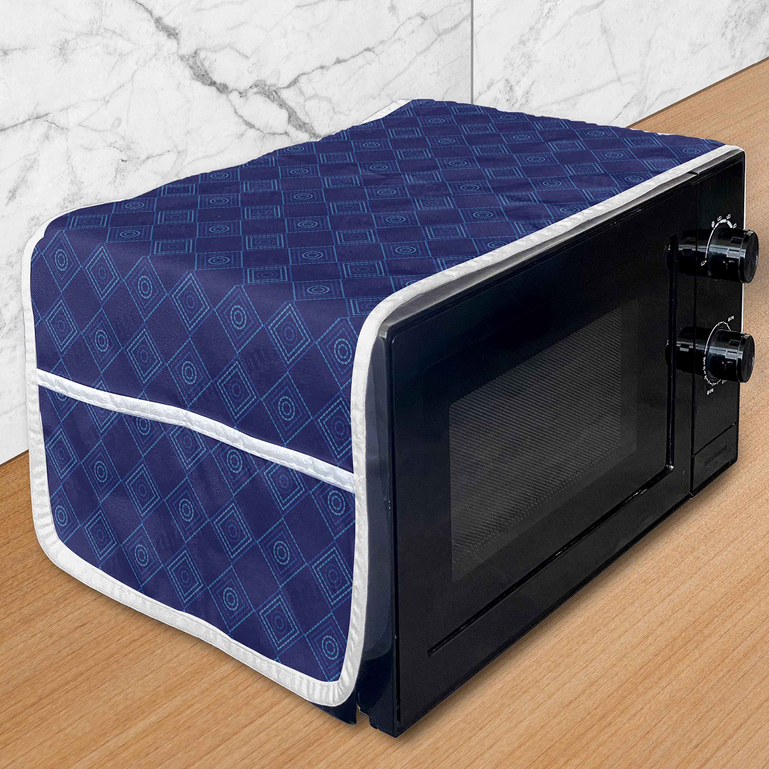 Ambesonne Abstract Microwave Cover - Waterproof Kitchen Organizer with Pockets, Geometric Diamond Pattern in Dark Blue & Indigo (36