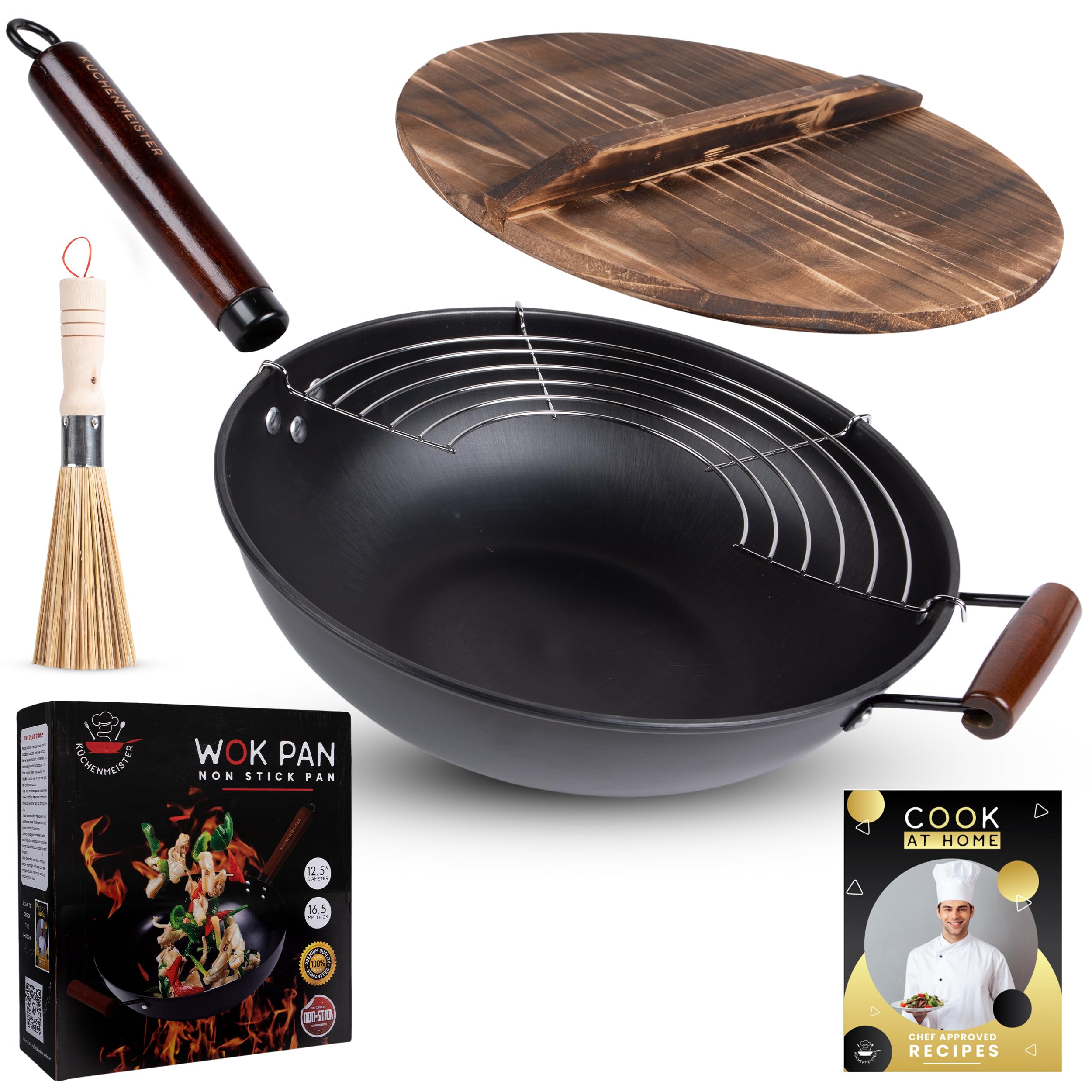 Küchenmeister 12.5-Inch Carbon Steel Wok Pan with Lid - Nonstick Flat Bottom Stir Fry Pan for Induction, Gas, Electric & Halogen Stoves | Includes Brush & Oil Strainer | Perfect for Asian Cooking, Stir-Frying & Home Chefs