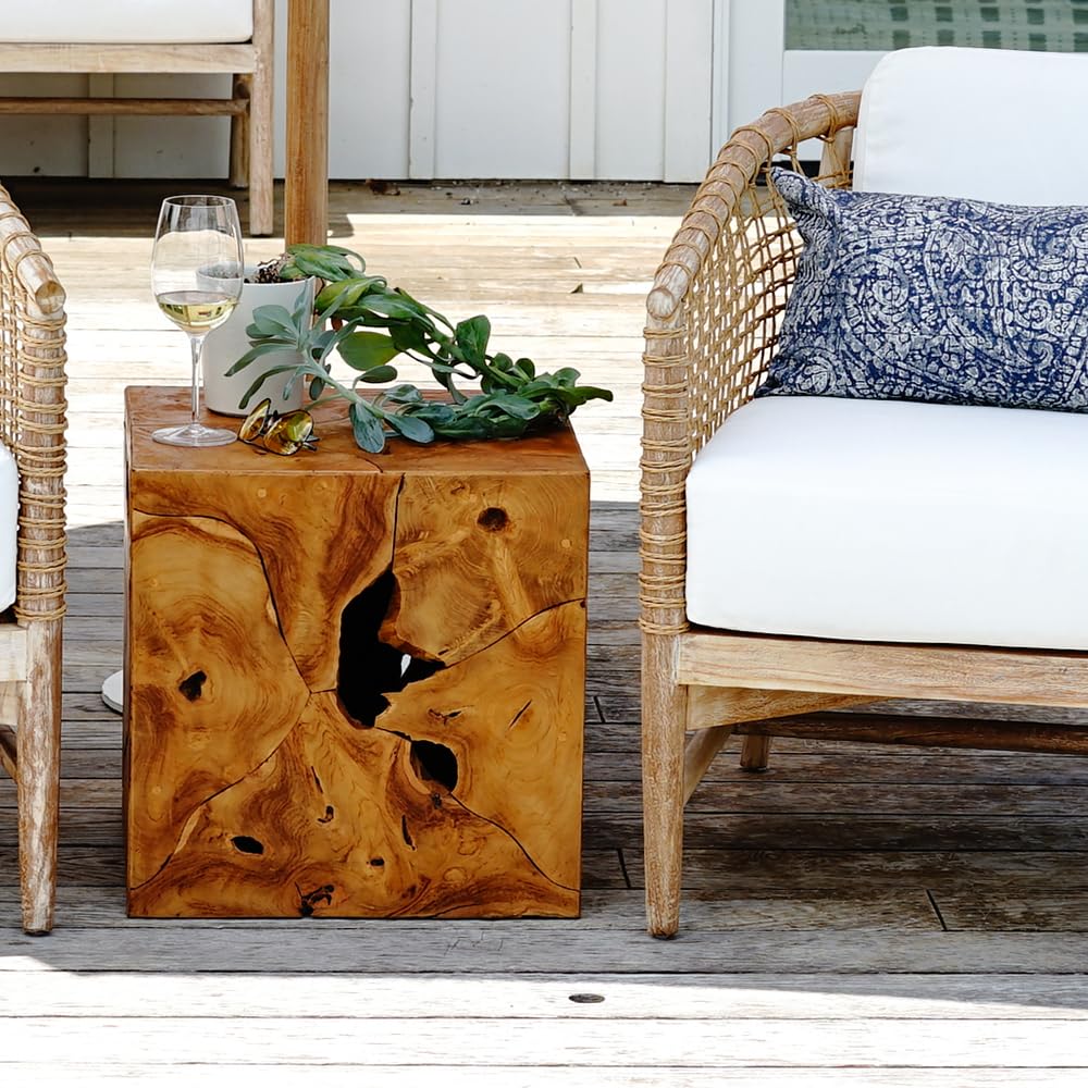 Premium Teak Root Side Table - Solid Grade-A Teak Wood with Natural Grain, Weatherproof Outdoor Coffee Table for Patio, Garden & Living Room - 17.55
