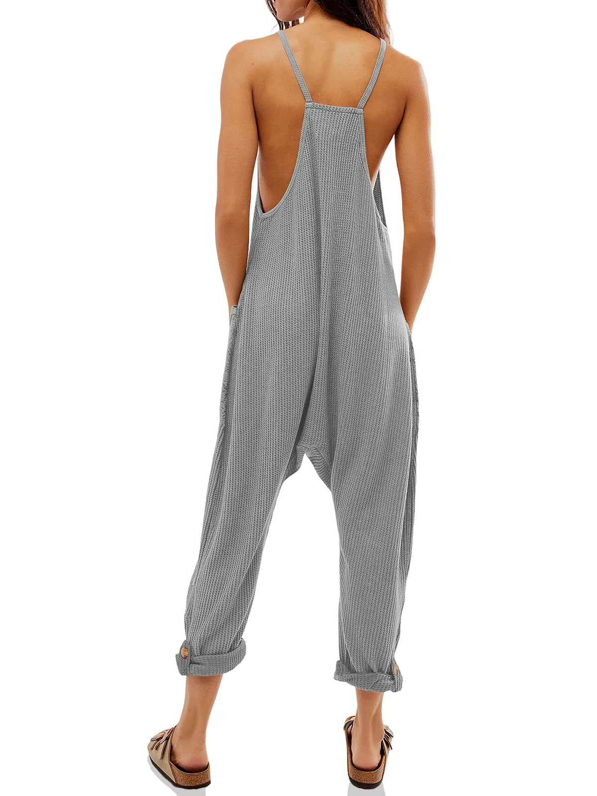 Cicy Bell Women's Casual Sleeveless Waffle Jumpsuit - Loose Fit Knit Romper with Spaghetti Straps & Pockets | Summer Outfits, Beach Cover-Up, Lounge Wear, Travel Essentials