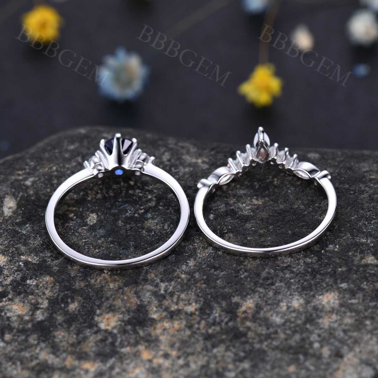 Sapphire Selene Diamond Ring & Opal Stackable Band Set – 2-Piece Wedding & Anniversary Jewelry for Women | Perfect for Bridal, Engagement, and Special Occasions