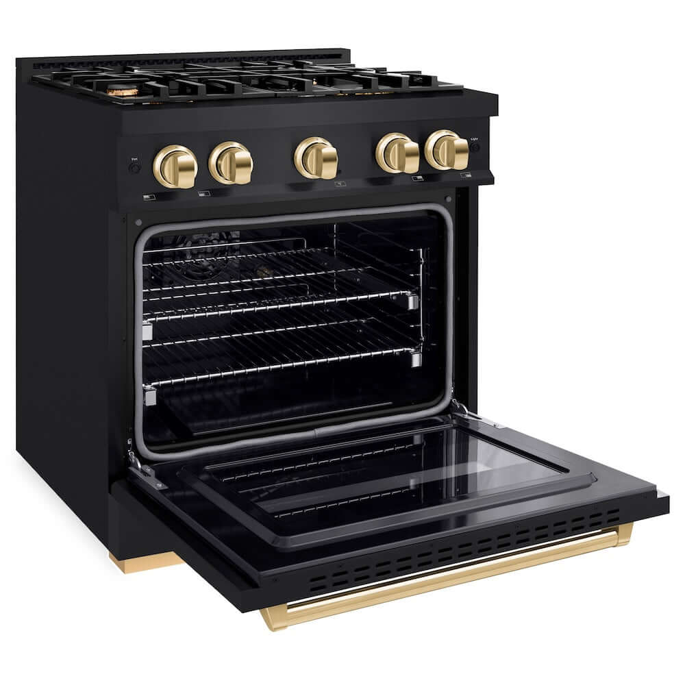 ZLINE Autograph Edition 30 Inch 4.2 Cu Ft Classic Gas Range with 4 Burner Cooktop & Convection Gas Oven - Black Stainless Steel with Polished Gold Accents (CGRBZ 30 G) | Perfect for Modern Kitchens, Home Chefs & Gourmet Cooking
