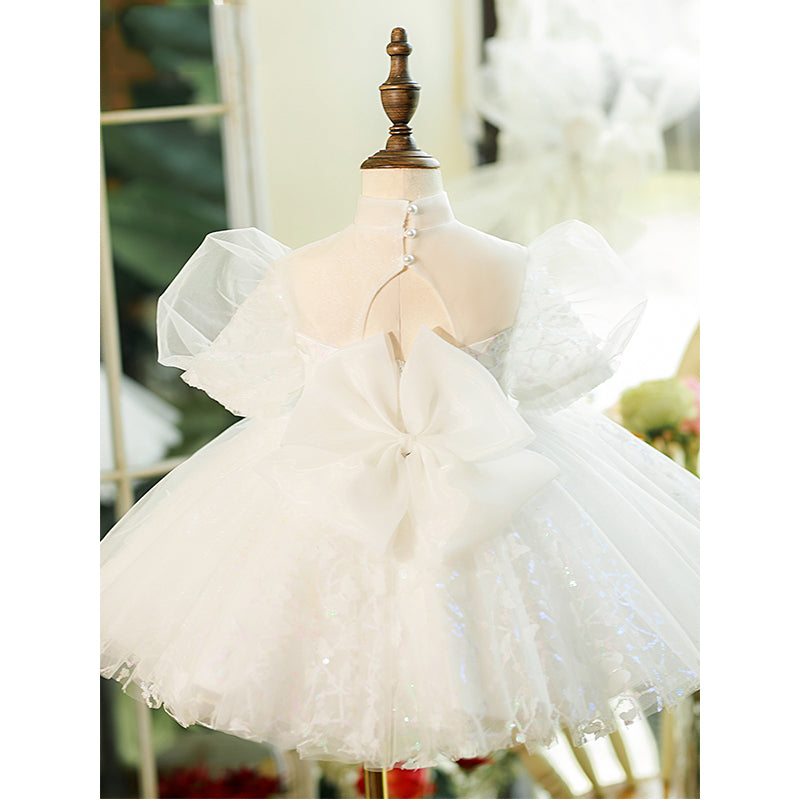 Sparkly White Sequin Tulle Princess Flower Girl Dress with Mock Neck & Puff Sleeves - Perfect for Weddings, Pageants & Special Occasions