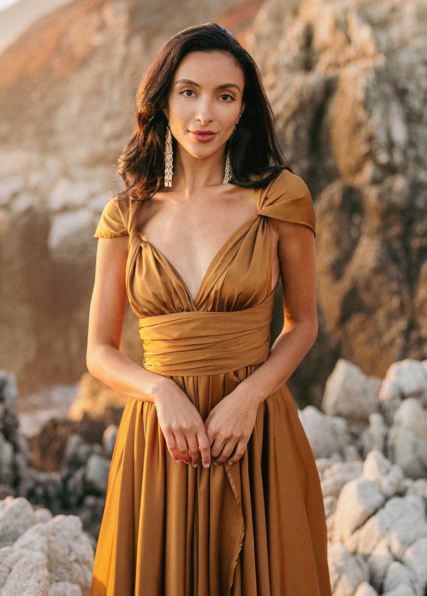 June Impact Dress in Dark Honey - Elegant Flowy Midi Dress for Women, Perfect for Summer Weddings, Parties & Date Nights