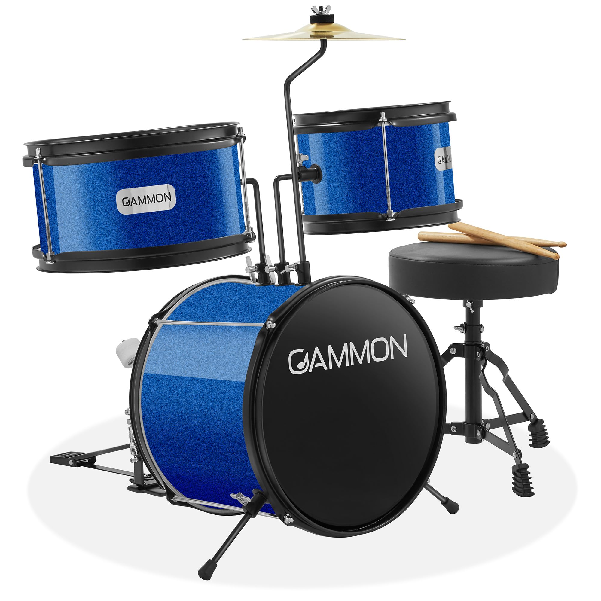 Gammon 3-Piece Junior Drum Set with Throne - Blue, Complete Beginner Drum Kit with Bass Drum, Toms, Cymbal, Pedal & Drumsticks | Perfect for Kids & Teens Learning to Play | Home Practice & Music Classroom Use