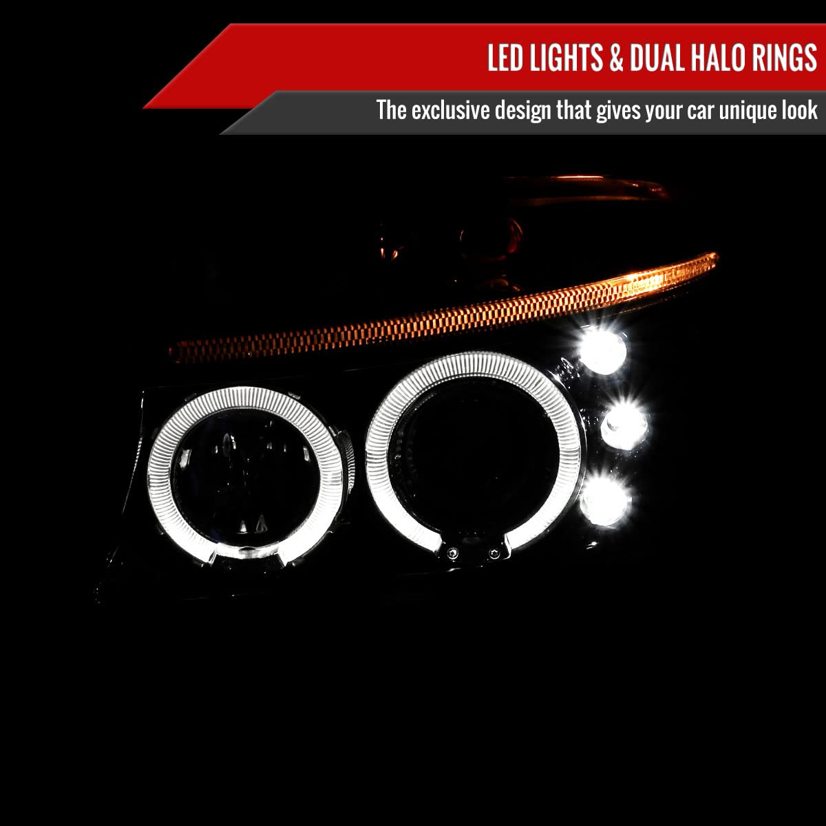 98-03 Glossy Black LED Halo Projector Headlights - Compatible with 1997-2003 Models - High Visibility for Night Driving & Off-Road Adventures