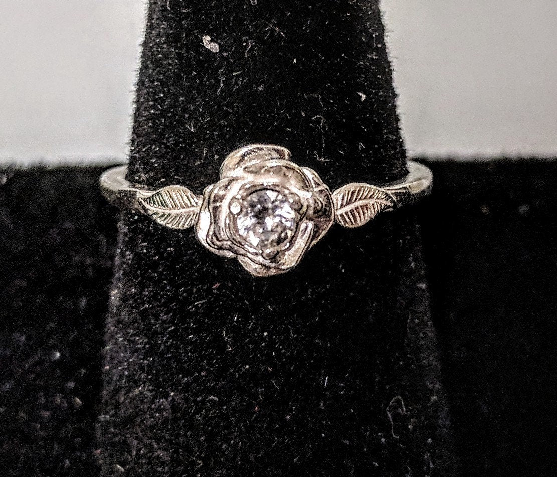 Solid Sterling Silver or 14K White/Yellow/Rose Gold Floral Rose with Leaves Ring - Natural Gemstone Promise Ring (Size 4-7) for Weddings, Anniversaries & Romantic Gifts