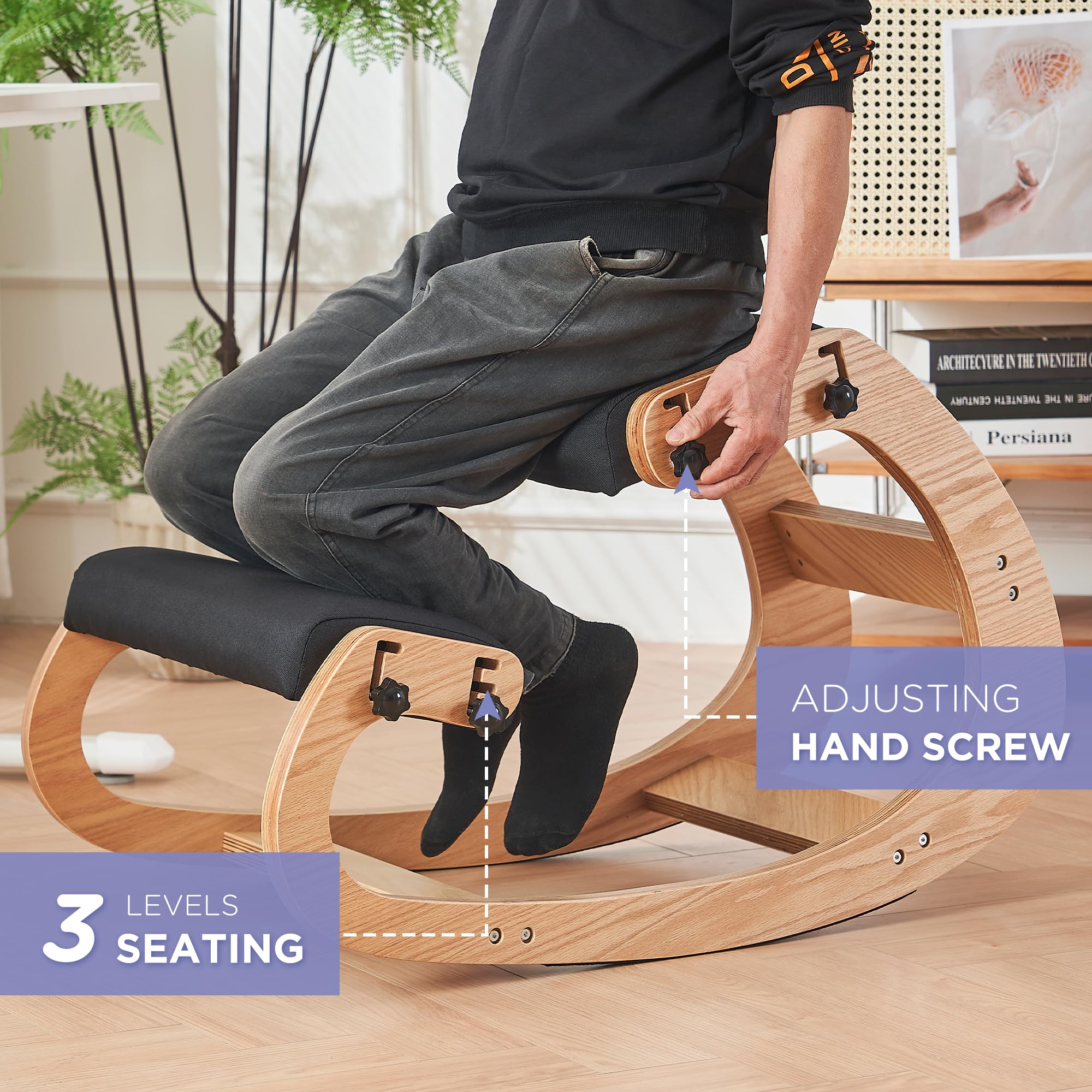 Ergonomic Kneeling Chair - Adjustable Rocking Office Chair for Back Pain Relief, Wooden Posture Corrector for Home & Office Use, Black - Perfect for Long Work Sessions & Meditation