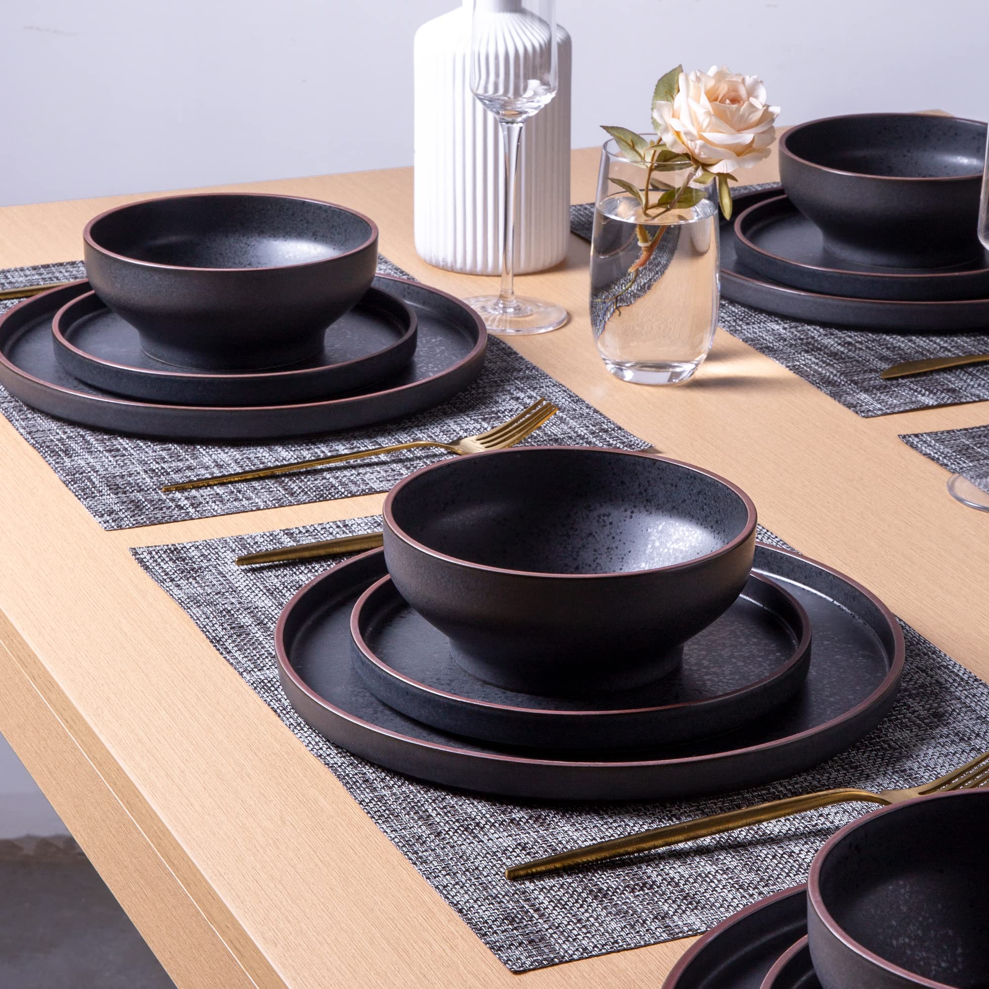 LERATIO 8-Inch Ceramic Salad Plates Set of 6 - Modern Matte Black Dinnerware with Coffee Rim - Microwave, Dishwasher & Oven Safe - Perfect for Kitchen, Dining Room, Restaurants & Party Serving