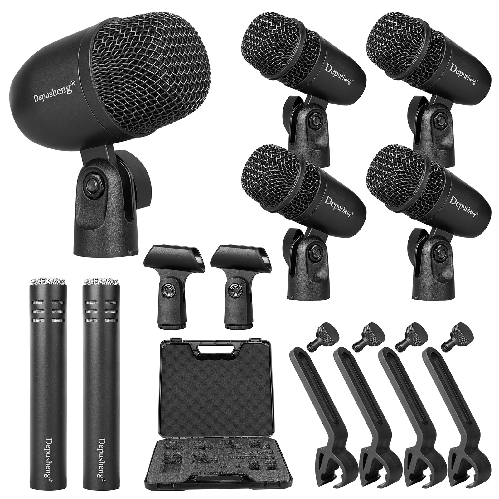 Depusheng 7-Piece Drum Microphone Kit - 5 Dynamic & 2 Condenser Percussion Mics for Professional Drum Recording, Live Performances & Studio Music Production | Perfect for Drum Kits, Snare, Toms & Cymbals