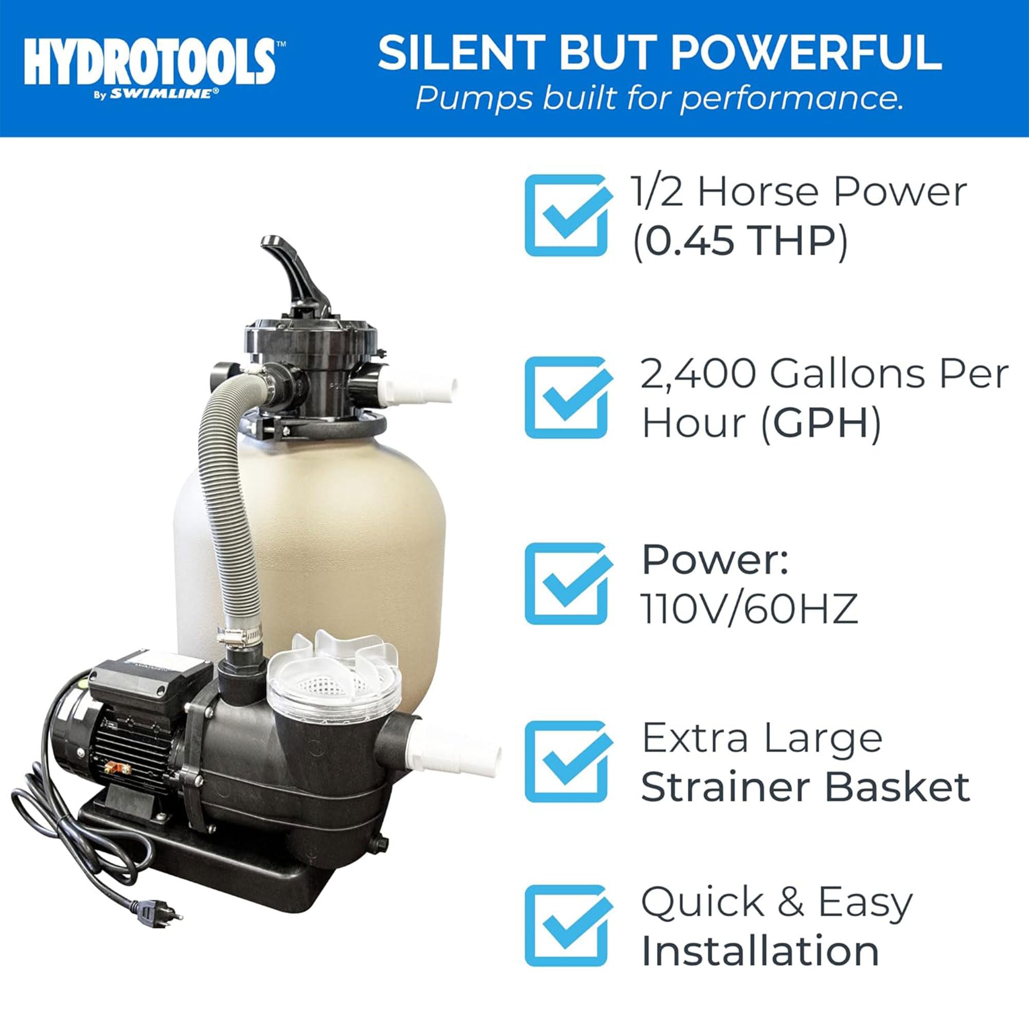 SWIMLINE HYDROTOOLS 0.45 HP Above Ground Pool Pump | 2400 GPH Vertical Discharge Filter Pump with Strainer Basket | 115V Single Speed Quiet Operation DOE Certified | Perfect for Backyard Swimming Pools and Spa Maintenance