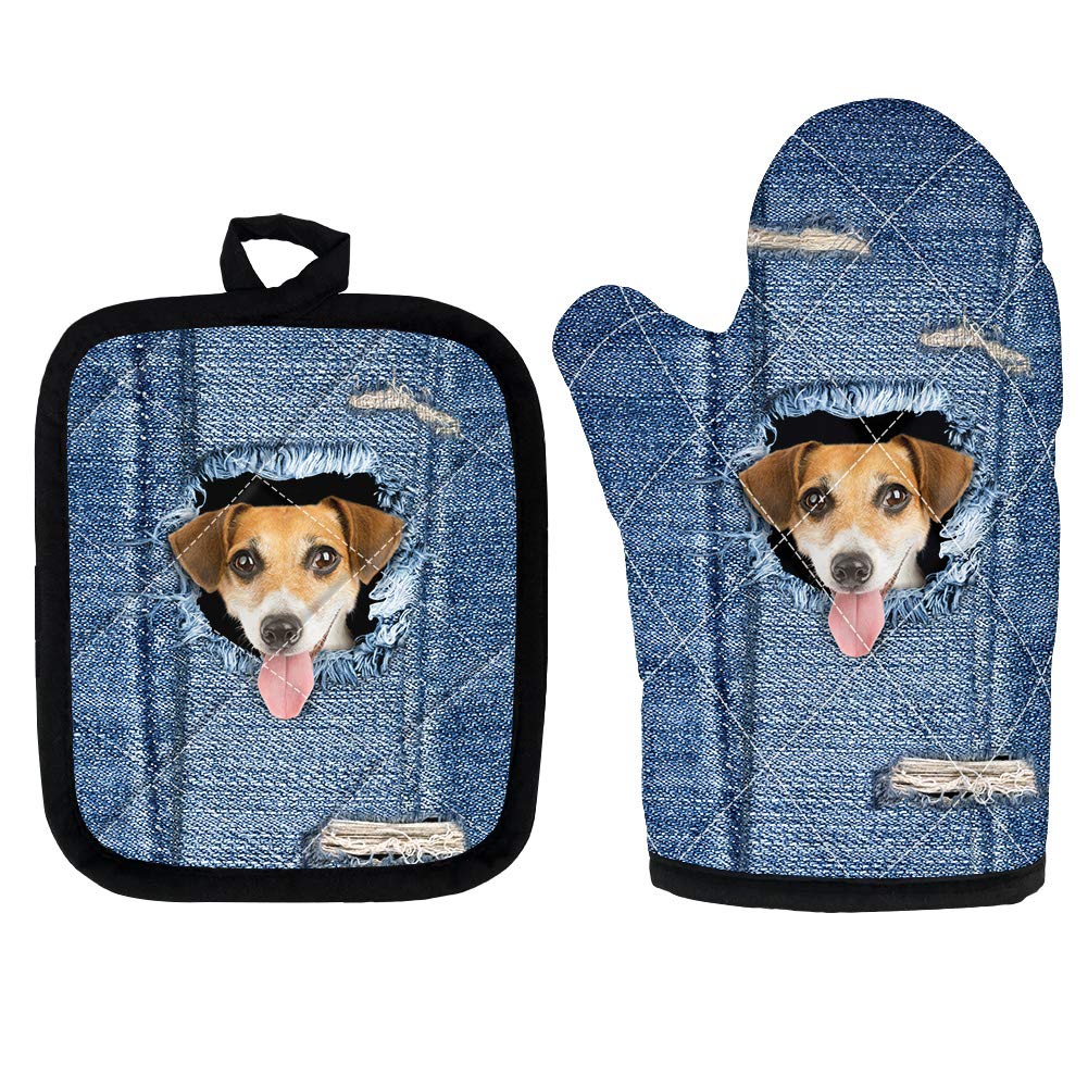 Heat Resistant Denim Dog Oven Mitts Set - Safe for Baking, Cooking & BBQ