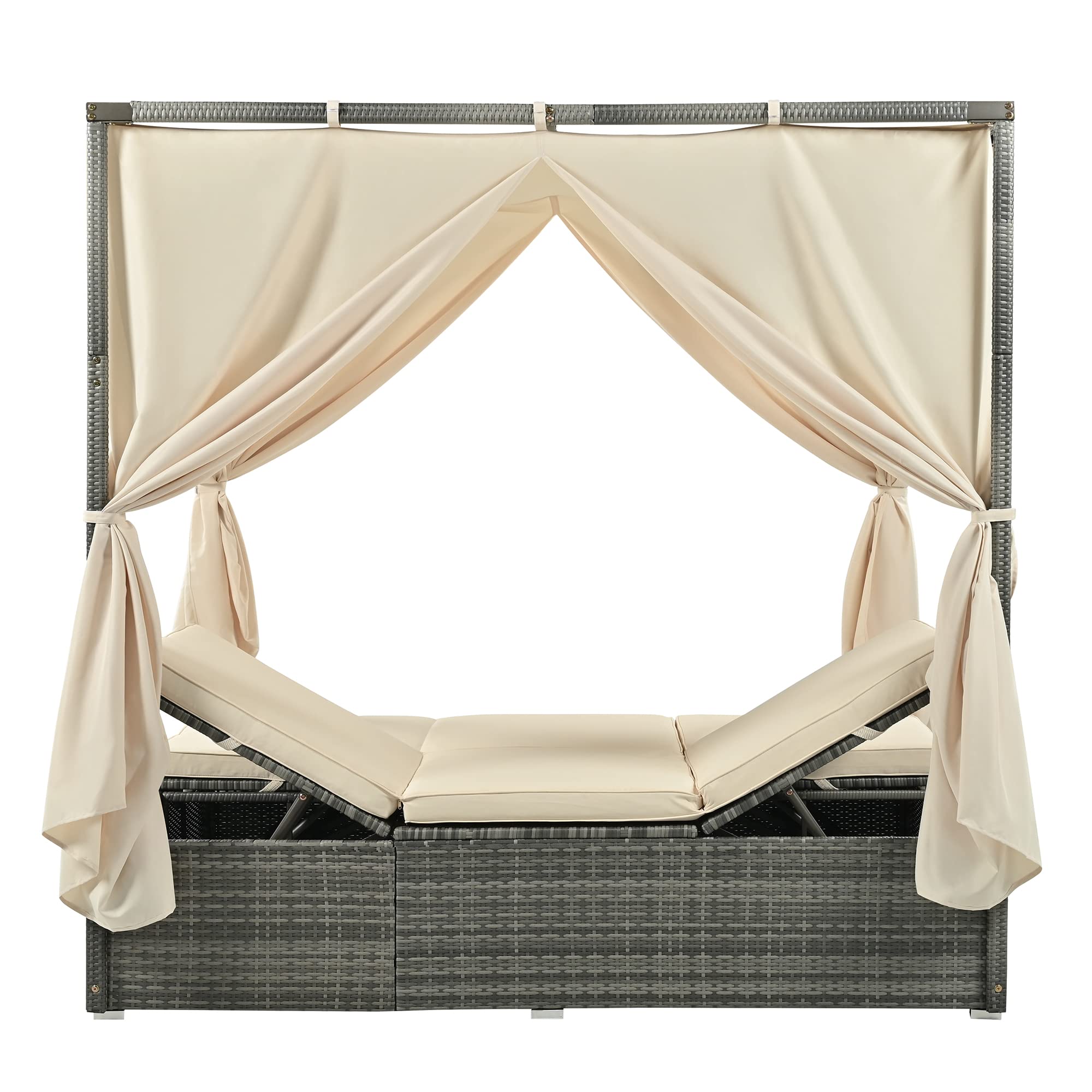 **Adjustable Gray PE Rattan Patio Chaise Lounge - Outdoor Wicker Sunbed with Canopy & Beige Cushions for Backyard, Garden, Poolside - Perfect for Relaxing, Sunbathing & Lounging (2-6 Person Capacity)**