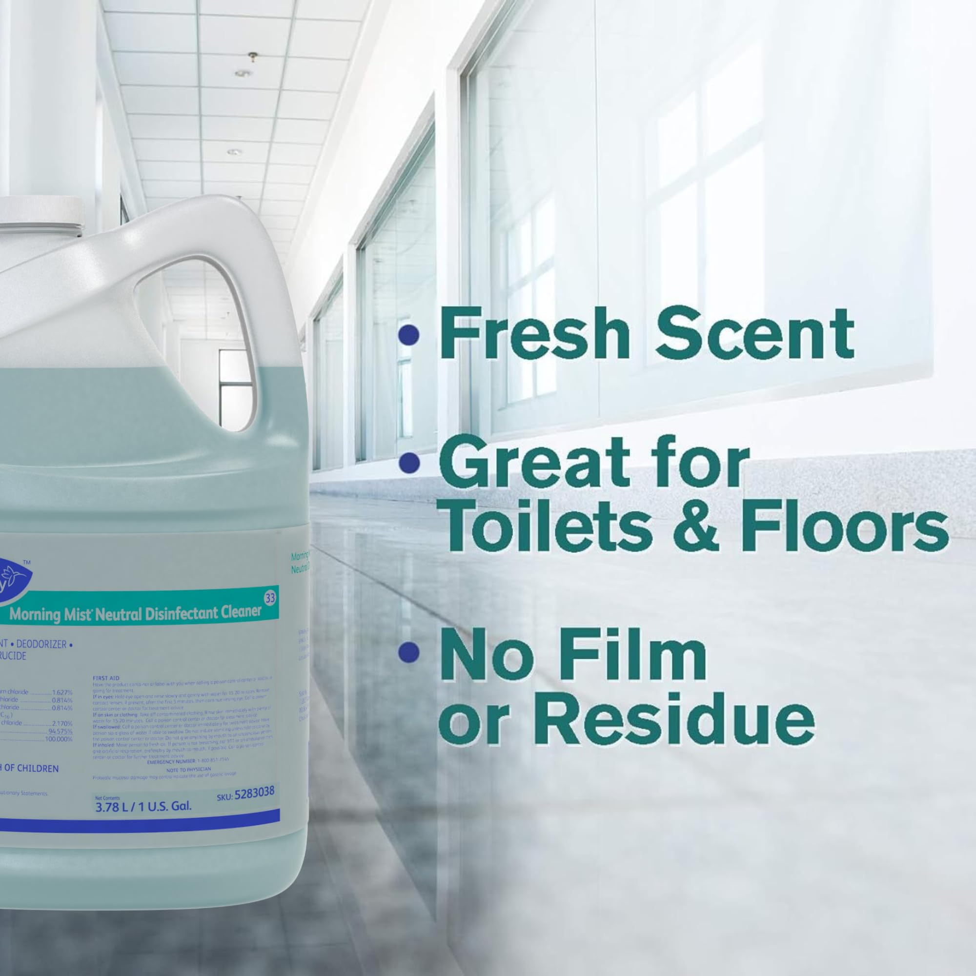 Diversey Morning Mist Neutral Disinfectant Cleaner - Fresh Scent, 1 Gallon Bottle | Hospital-Grade Disinfectant for Healthcare, Schools & Commercial Cleaning