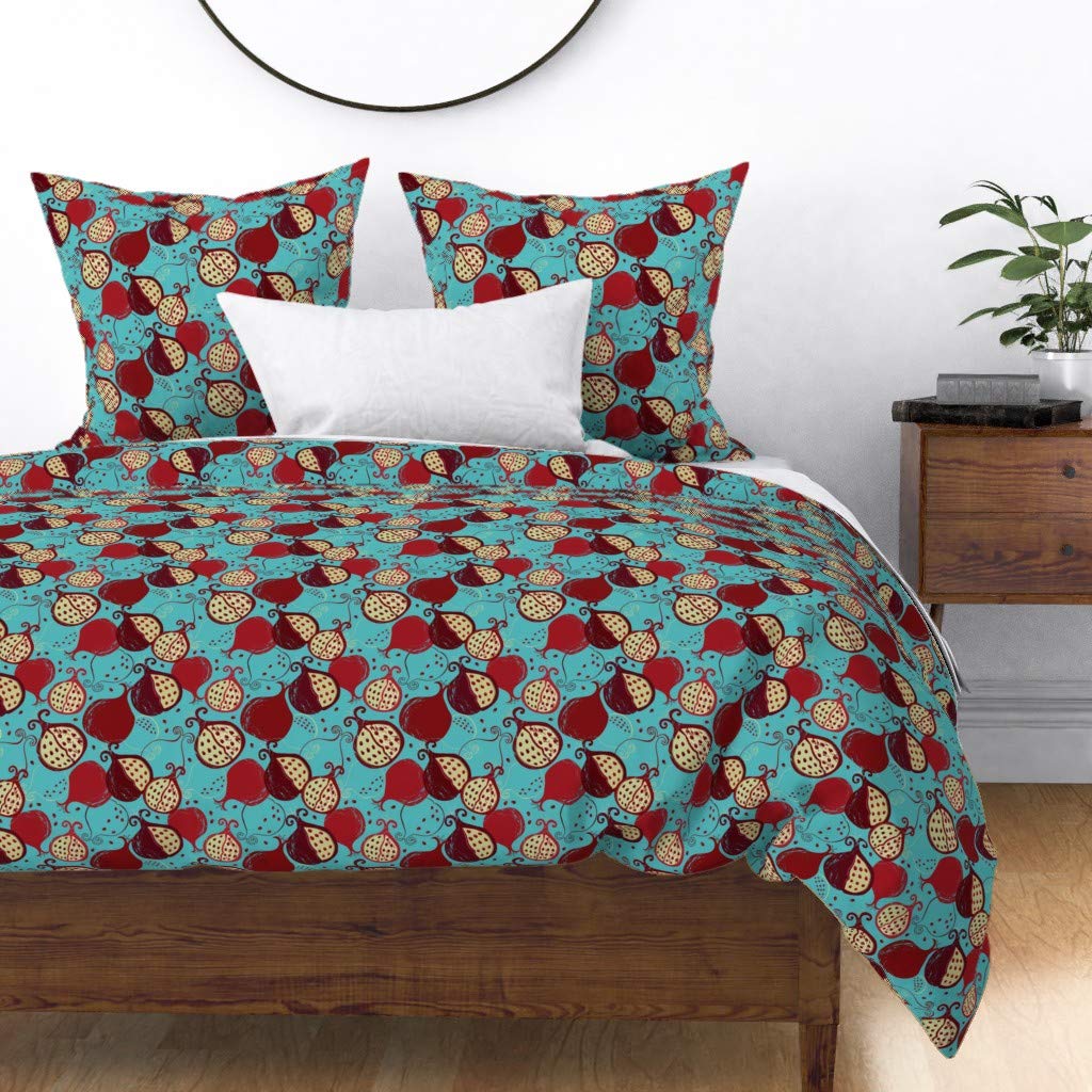 Premium Spoonflower Cotton Sateen Duvet Cover - Full/Queen Size with Seeds & Fruit Red Nature Plant Block Print | Custom Bedding for Autumn & Summer | Perfect for Kitchen Themed Decor & Cozy Bedroom Makeover