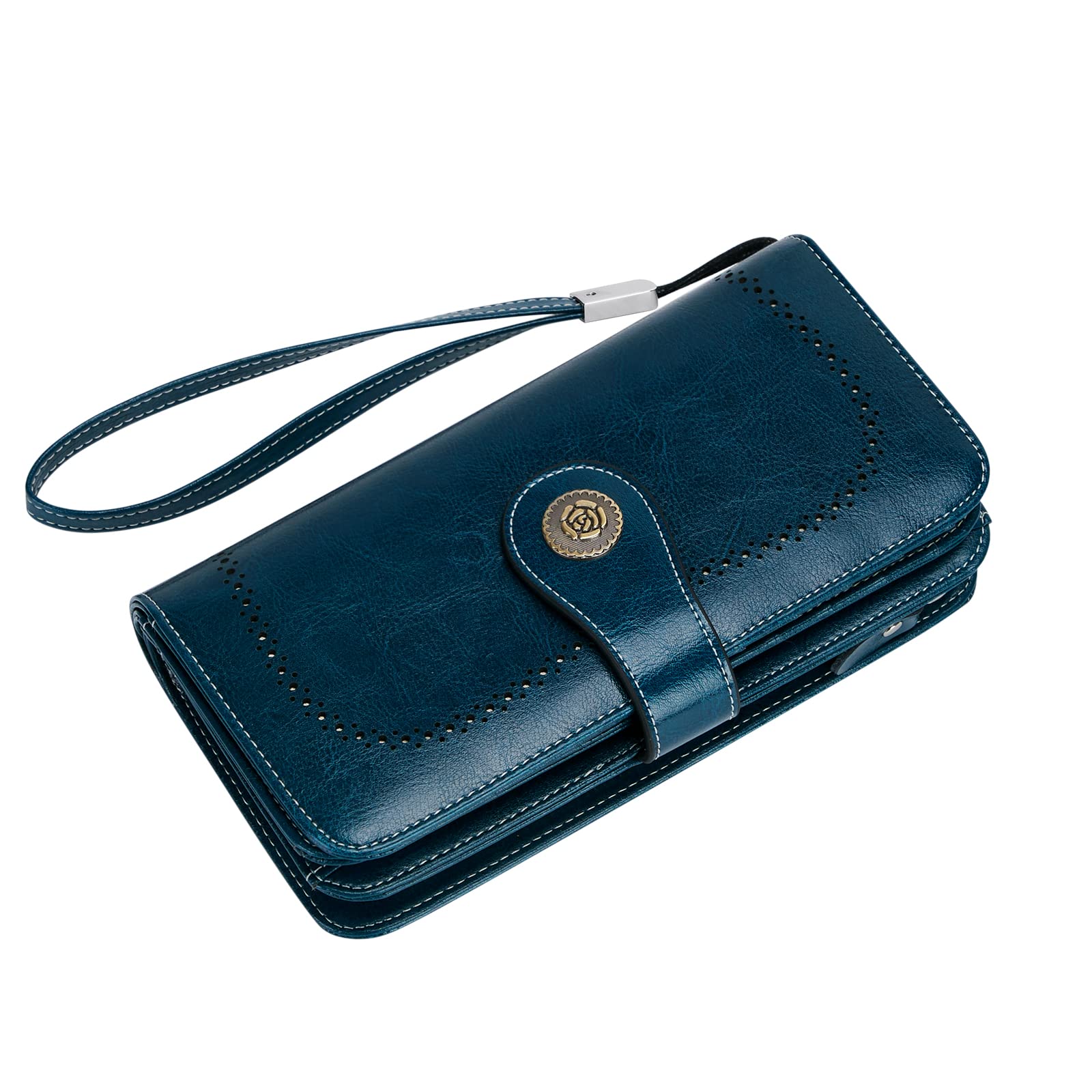 Cnoles Women's Genuine Leather RFID Blocking Wallet - Large Capacity Wristlet Clutch Purse with Credit Card Slots (Blue) - Perfect for Everyday Use, Travel & Shopping