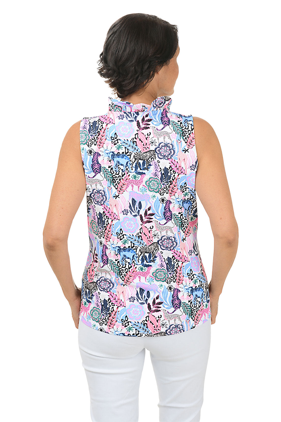 Floral Print Safari UPF50+ Sun Protection Ruffle Sleeveless Blouse for Women - Perfect for Summer Travel, Beach Vacations & Outdoor Adventures