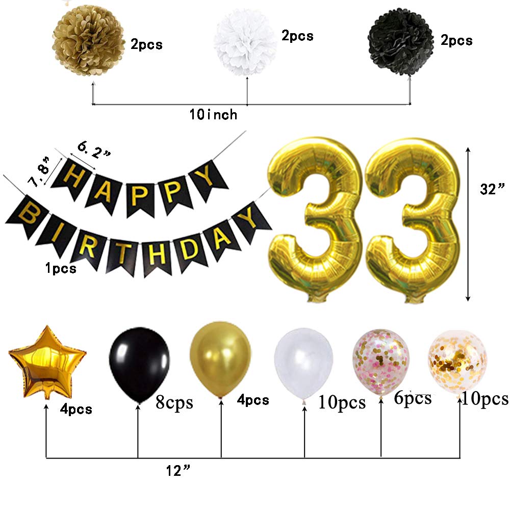 33rd Birthday Party Decorations Set - Happy Birthday Banner, Pom Pom Flowers, Gold Mylar & Latex Balloons, Number 33 Foil Balloons for Anniversary Celebration | Perfect for Adult Milestone Birthdays, Photo Backdrops & Party Decor