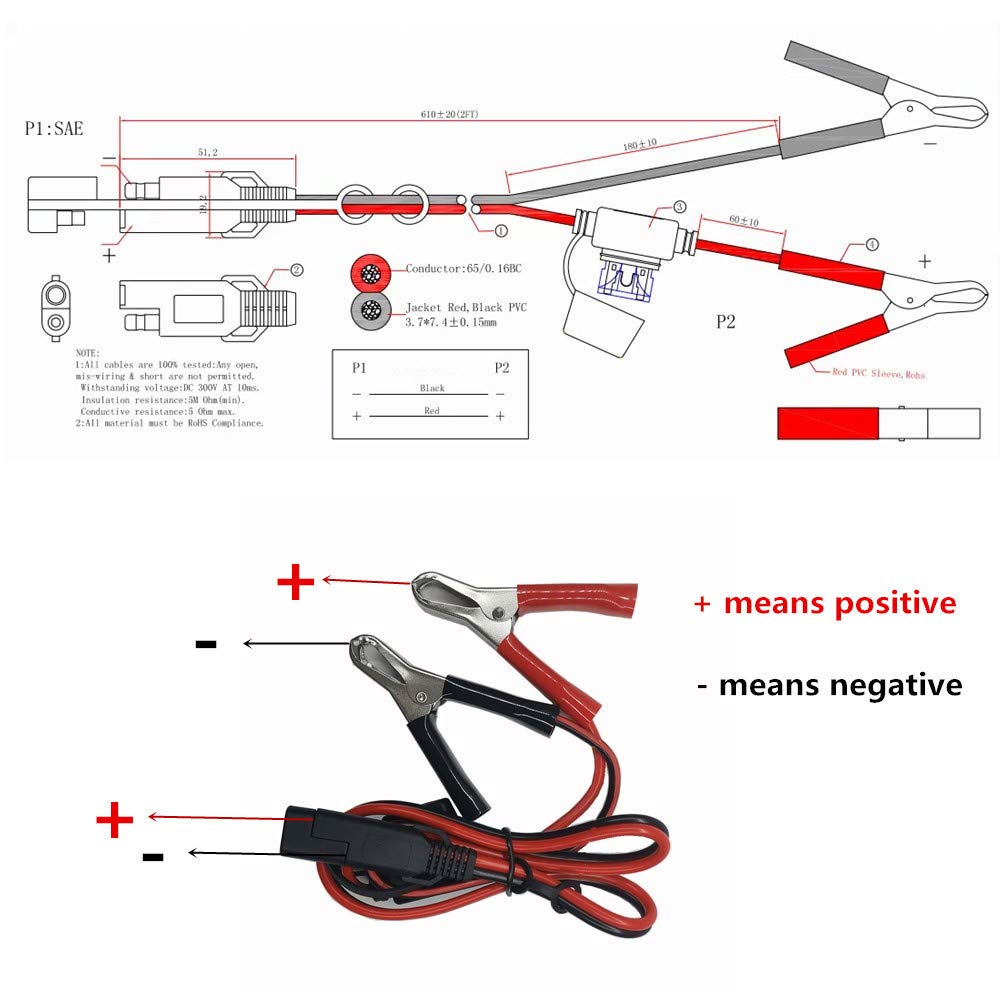SAE to Alligator Clips 2FT Battery Charger Cable - 12V-24V Quick Disconnect Extension Cord with 15A Clamps for Car, Motorcycle, Solar Panel & Pump Charging - Perfect for Trickle Chargers, Battery Maintenance & Portable Power Applications