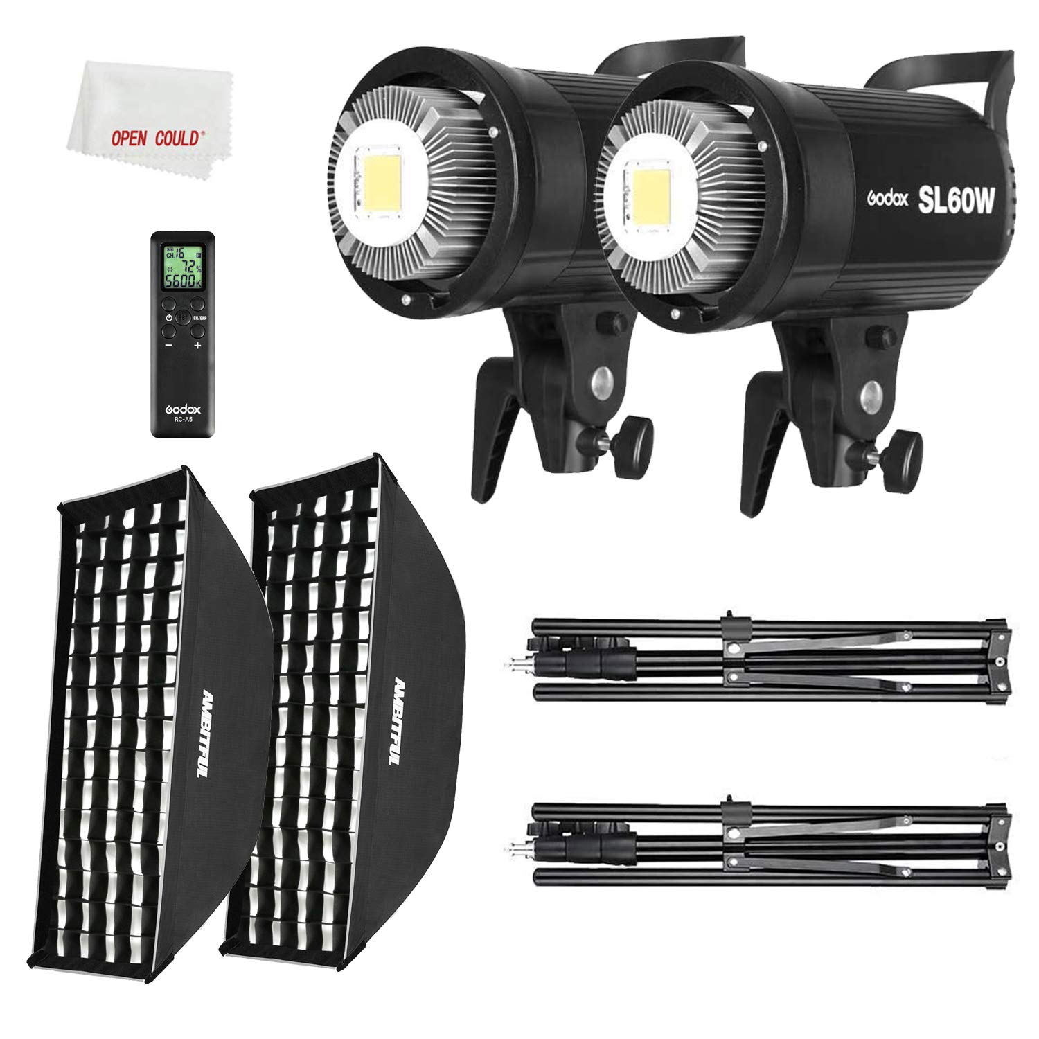 GODOX SL-60W 2x 60W LED Video Light Kit with Ambitful 60x90cm Softbox, Light Stand & Honeycomb Grid - Remote Control Included - Perfect for Film Studios, Photography, YouTube Videos & Live Streaming