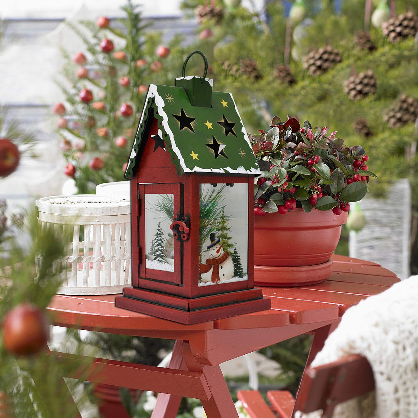 Rustic Metal LED Christmas Lantern Decor - Battery Operated Indoor/Outdoor Hanging & Tabletop Holiday Decorations (10x4.6x4.6 Inches, Green) | Perfect for Fireplace Mantel, Porch, Patio, Garden & Christmas Table Centerpiece