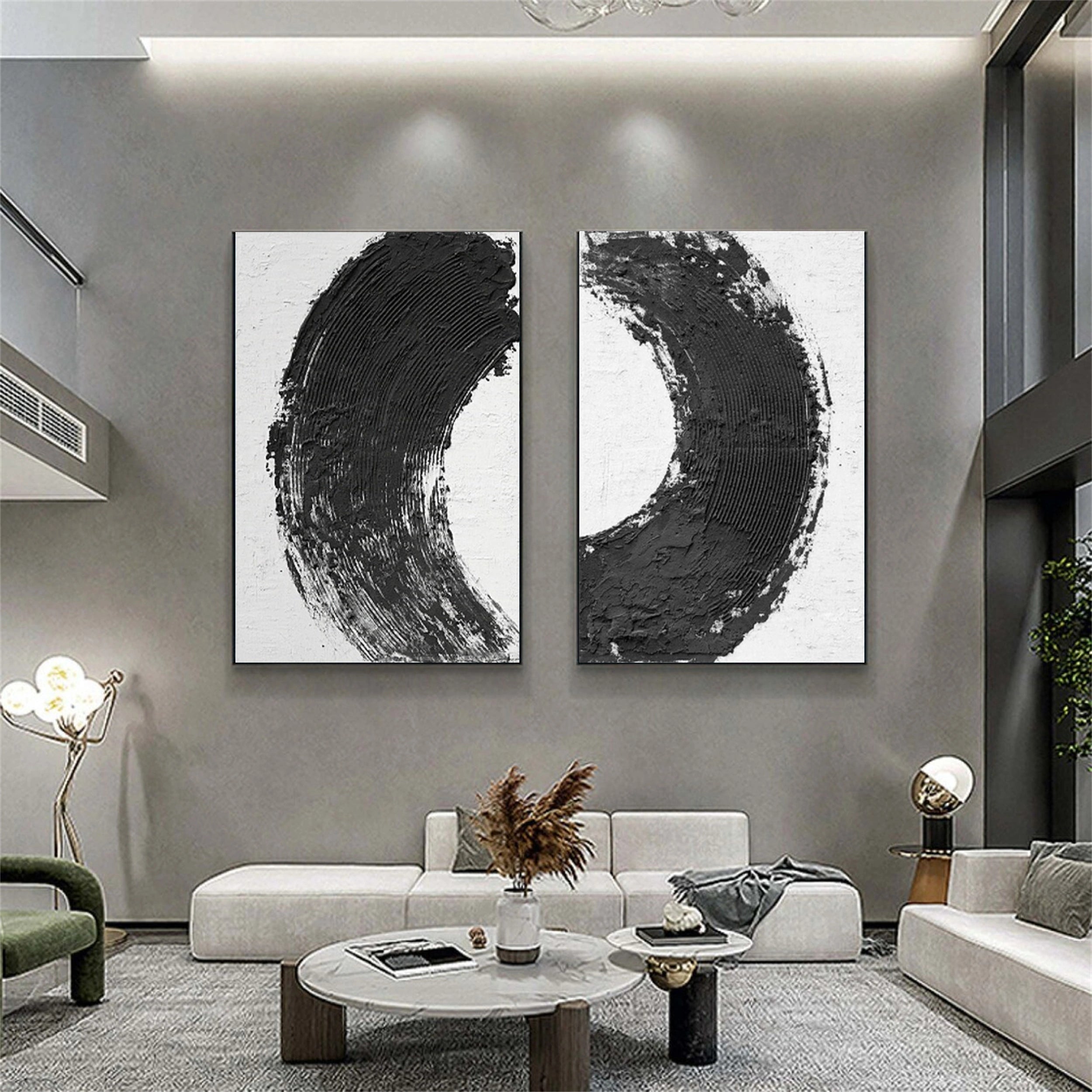 Modern Black and White Textured Minimalist Wall Art Set of 2 - Abstract Canvas Paintings for Living Room, Bedroom & Office Decor | #MZ070
