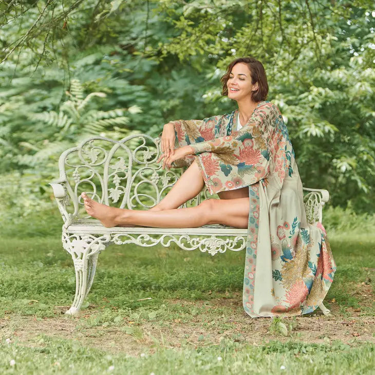 Elegant Coconut Trailing Wisteria Kimono Gown - Floral Print Boho Beach Cover Up, Loungewear & Summer Dress for Women | Perfect for Beach Vacations, Pool Parties & Boho Chic Outfits