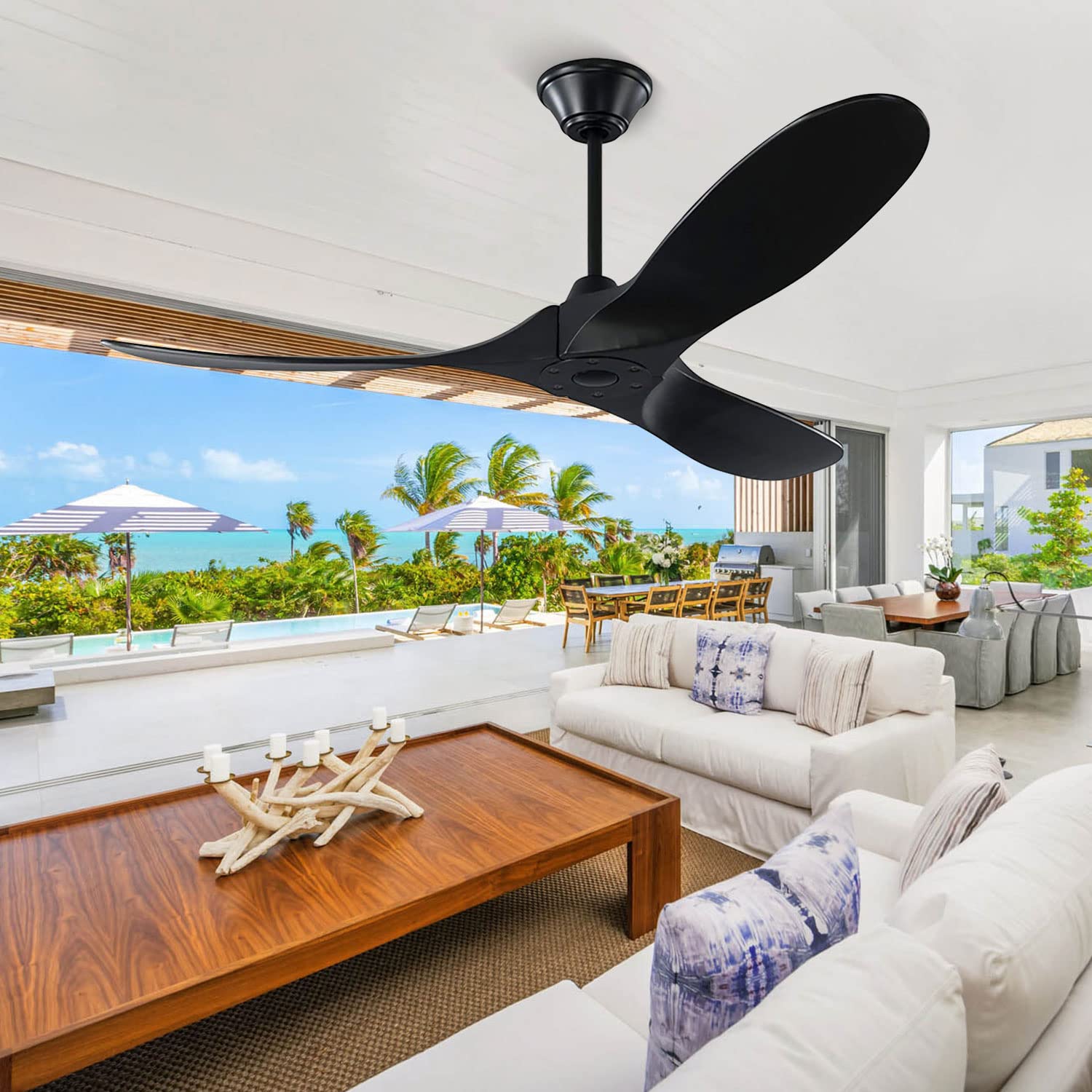 60 Inch Black Ceiling Fan with Remote Control - 3 Blade Outdoor Ceiling Fan, No Light, 6 Speed Reversible DC Motor - Perfect for Patio, Living Room, Bedroom, Farmhouse & More - Durable Weatherproof Design for Indoor/Outdoor Use