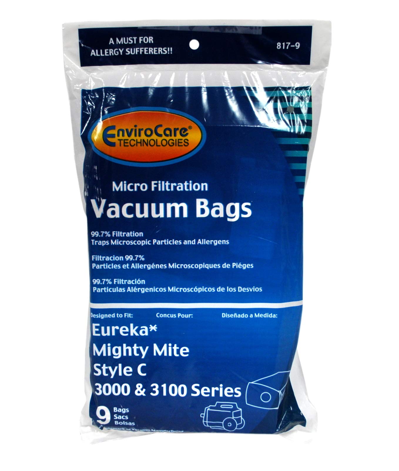 Envirocare Vacuum Bags - Compatible with Eureka Mighty Mite C3000 & 3100 Series (Model 817-9) - Dust-Free Cleaning for Carpets, Upholstery & Hard Floors