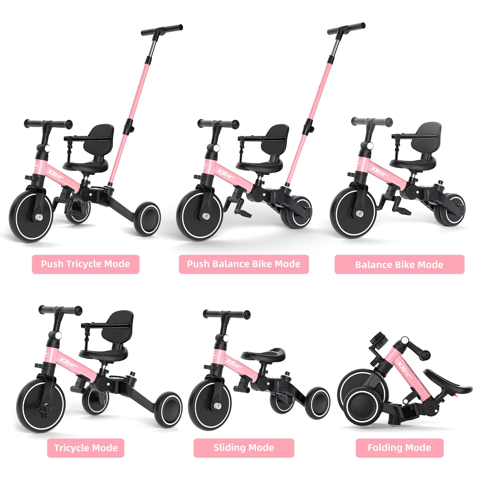 XJD 6-in-1 Foldable Toddler Tricycle with Push Handle - Adjustable Balance Bike for 1-4 Year Olds | Removable Pedals, Backrest & Height Adjustable Seat | Perfect First Birthday Gift (Pink) | Ideal for Indoor Play, Outdoor Learning & Developing Motor Skills