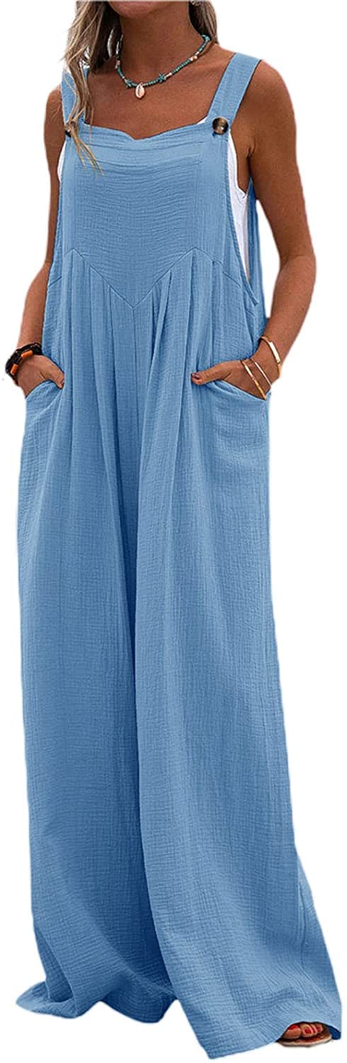 Women's Wide Leg Overalls - Sleeveless Jumpsuit with Pockets | Loose Fit Denim Overalls & Button Romper | Perfect for Casual Outings, Streetwear Fashion and Summer Comfort