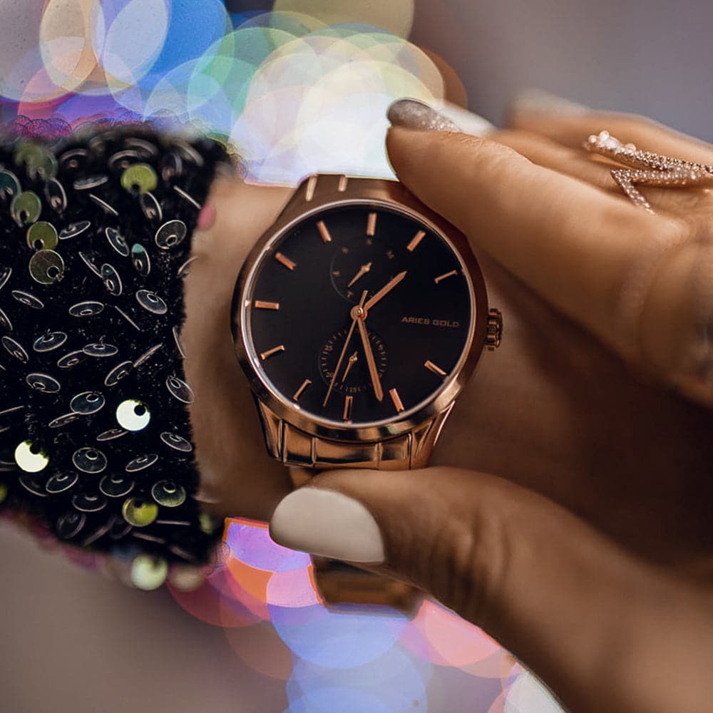 ARIES GOLD ENCHANT LIBERTY Rose Gold Stainless Steel Women's Watch L 5031 RG BK - Elegant Timepiece for Business, Party & Everyday Wear