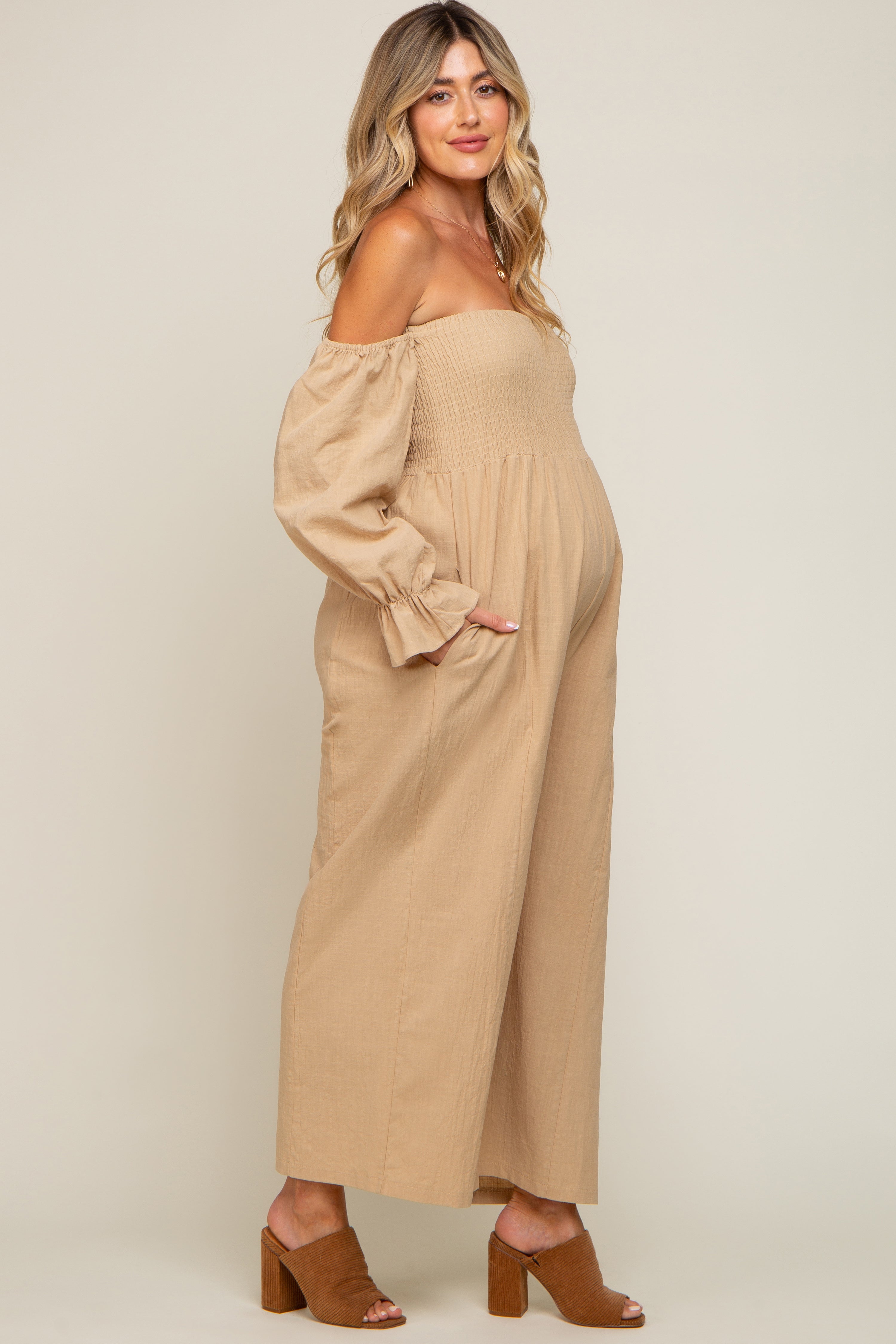 Beige Linen Smocked Off Shoulder Wide Leg Maternity Jumpsuit for Women - Comfortable Pregnancy Outfit for Summer, Beach, and Maternity Photoshoots