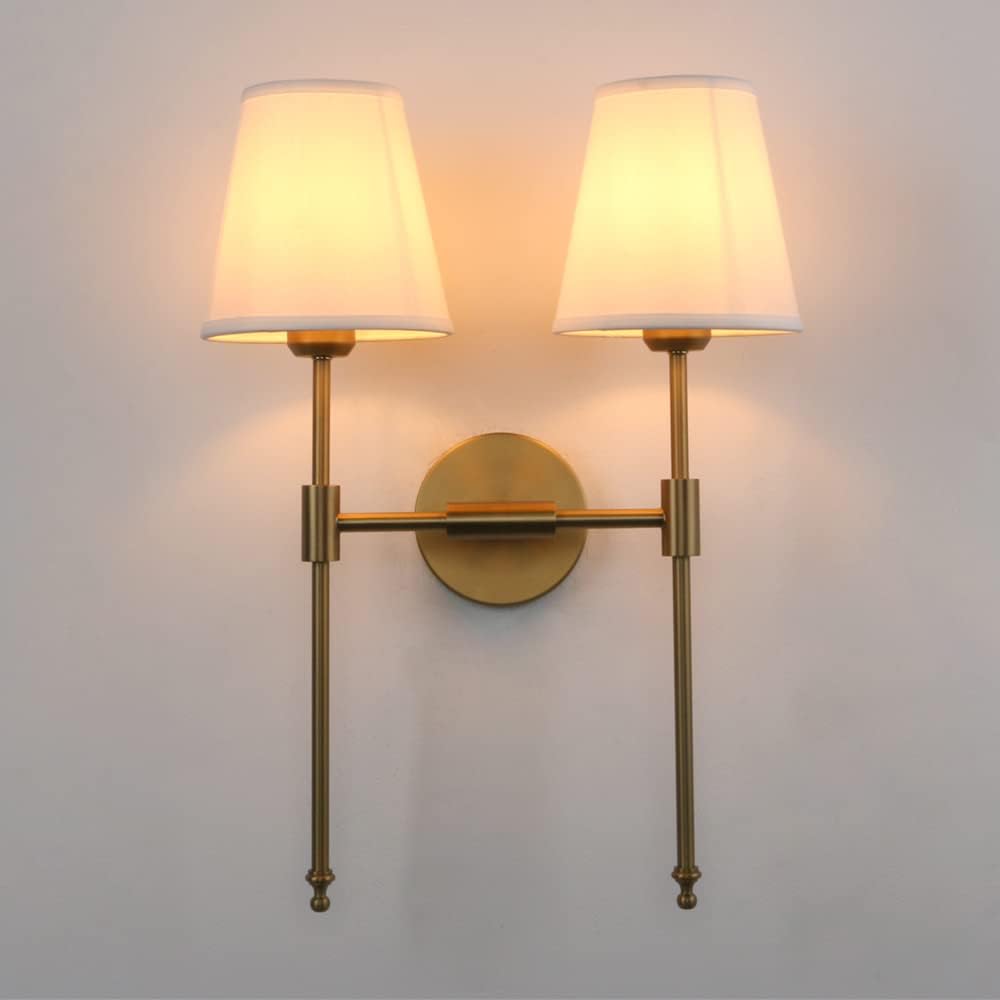 PERMO Classic Rustic Double Sconce Wall Light - 2-Light Antique Brass Fixture with White Flared Fabric Shade - Perfect for Bathroom, Bedroom, Hallway & Living Room Lighting Decor